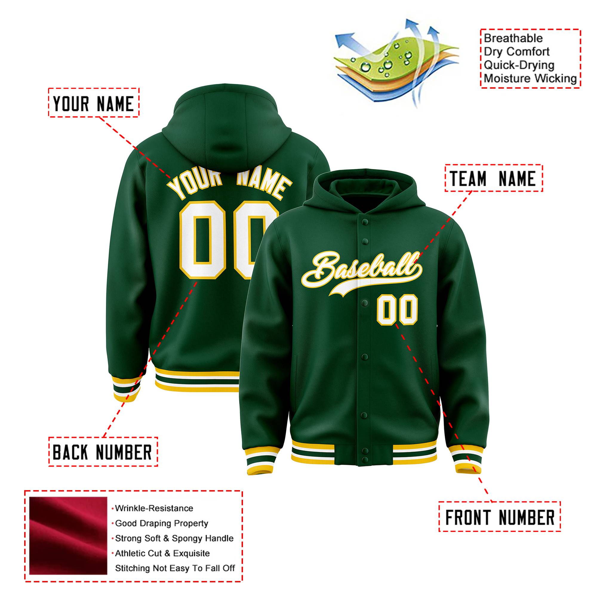 Custom Green White-Gold Varsity Full-Snap Letterman Classic Hoodie Jacket