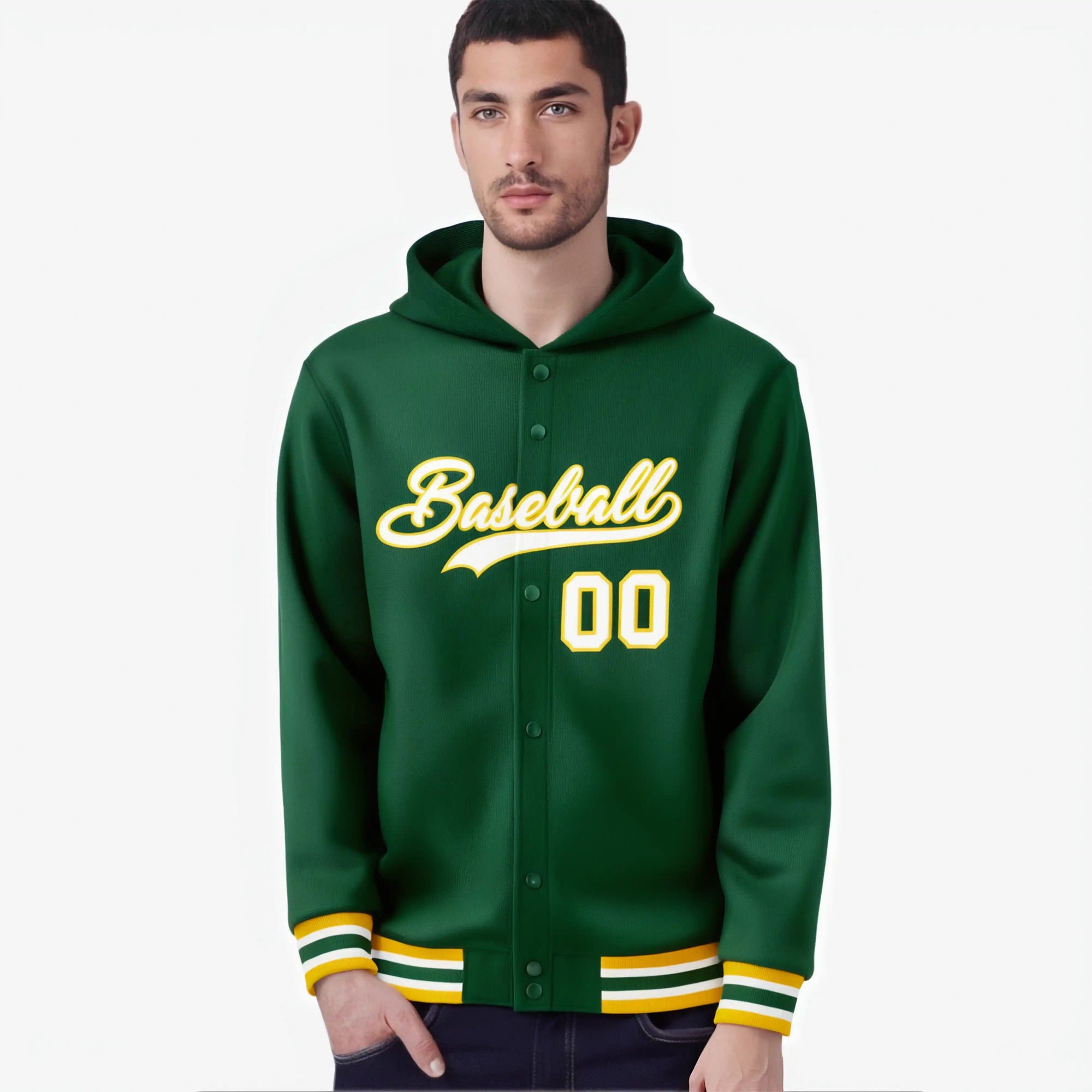 Custom Green White-Gold Varsity Full-Snap Letterman Classic Hoodie Jacket