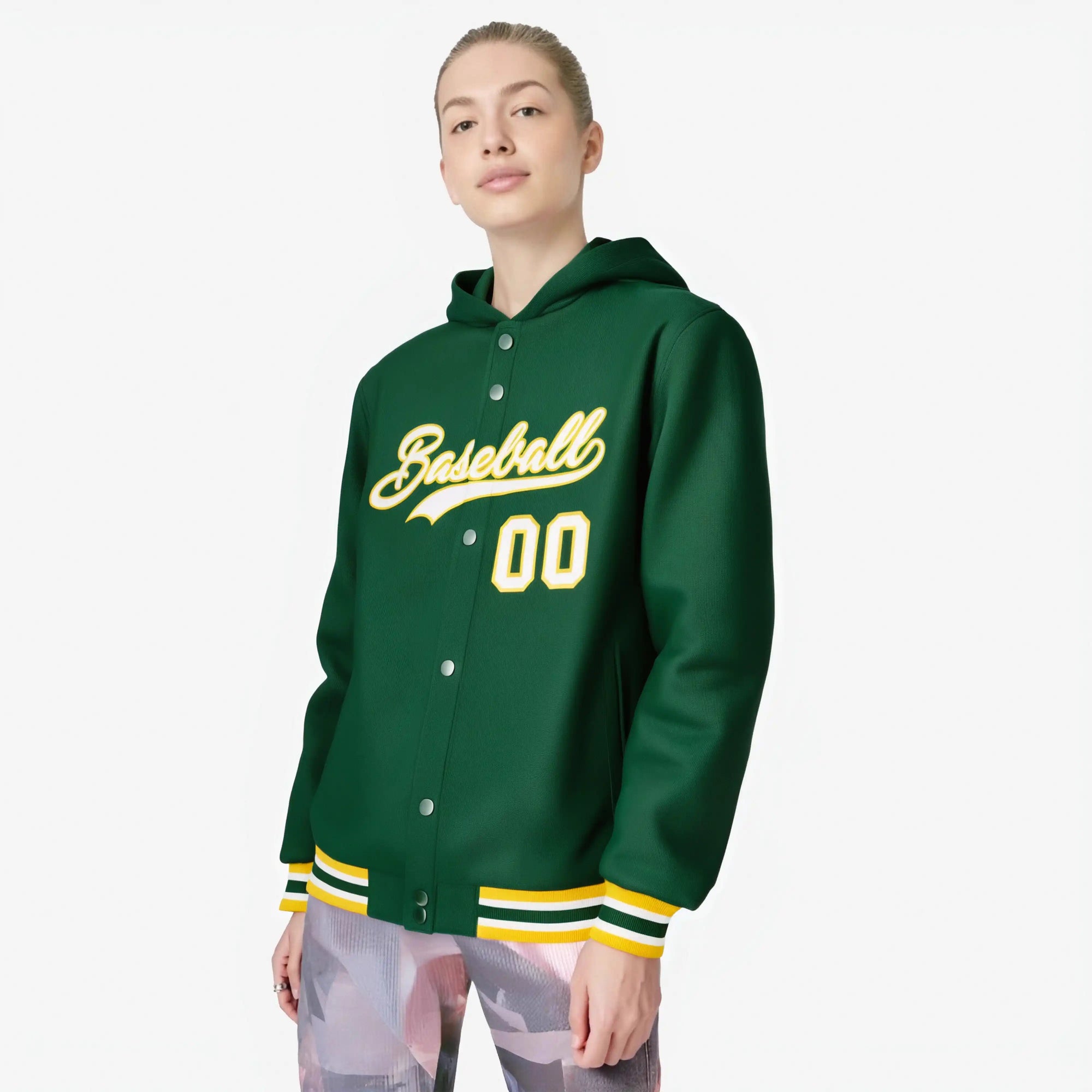 Custom Green White-Gold Varsity Full-Snap Letterman Classic Hoodie Jacket