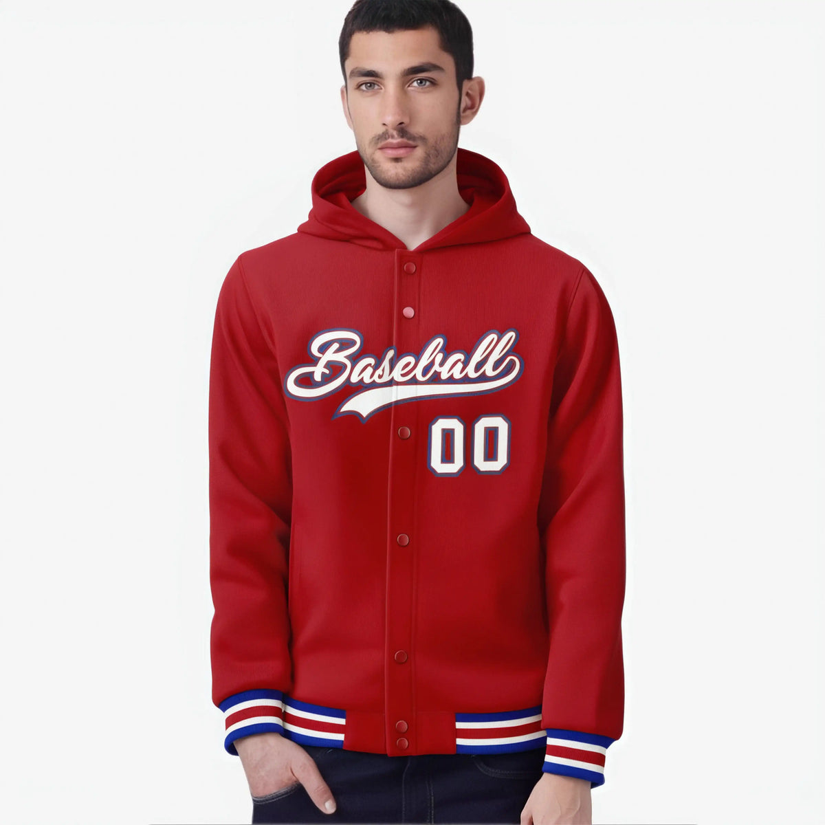 Custom Red White-Black Varsity Full-Snap Letterman Classic Hoodie Jacket