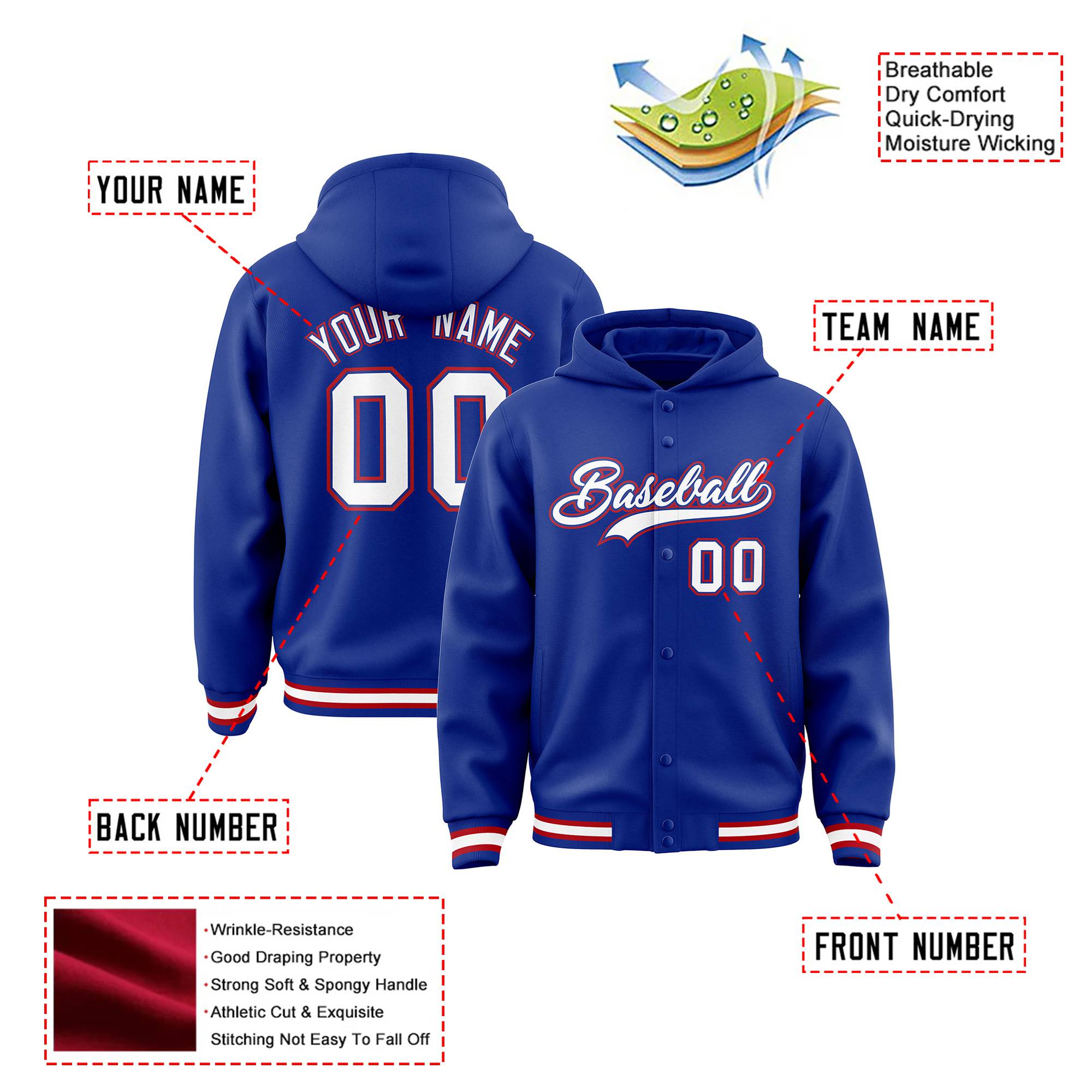 Custom Royal Blue White-Red Varsity Full-Snap Letterman Classic Hoodie Jacket