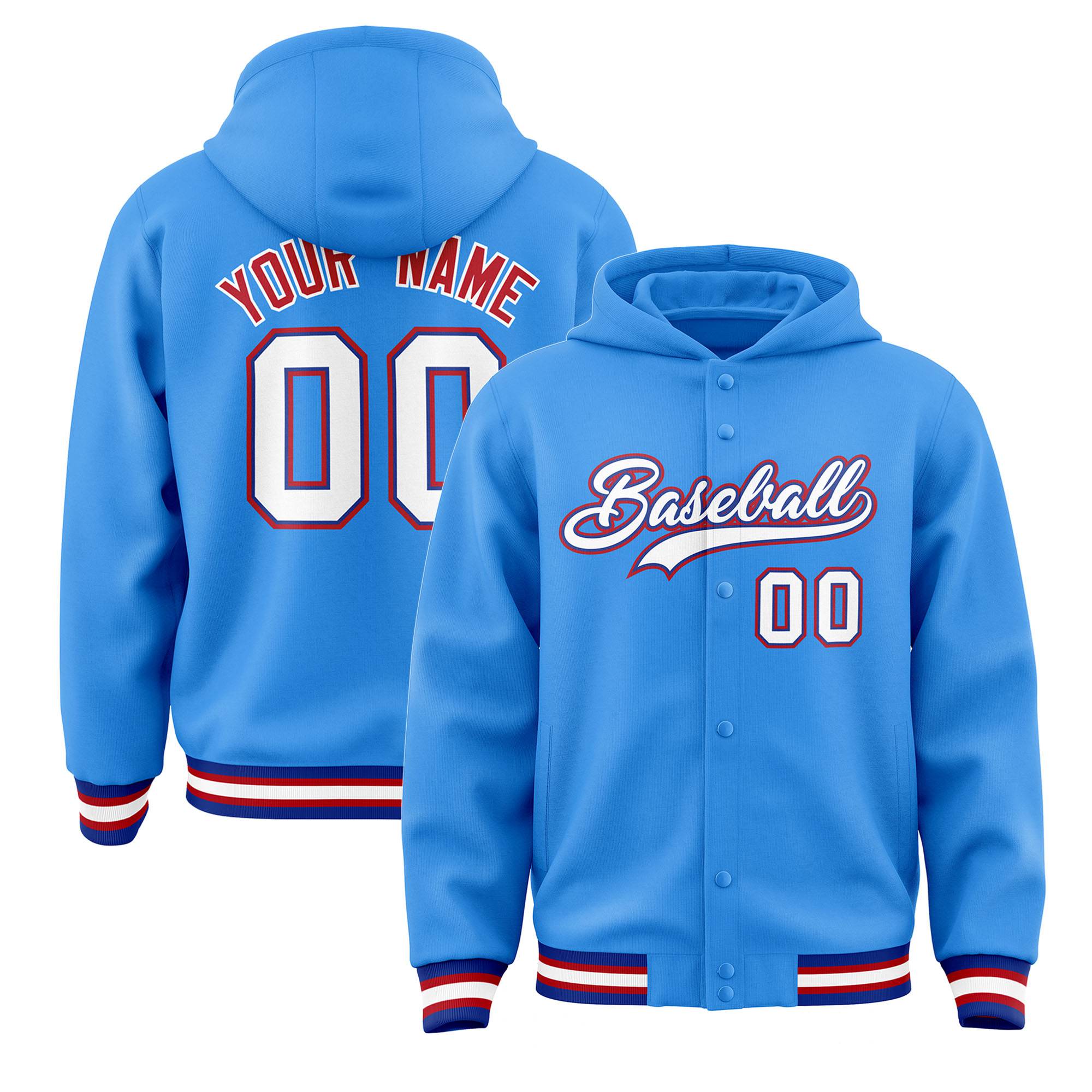 Custom Powder Blue White-Red Varsity Full-Snap Letterman Classic Hoodie Jacket