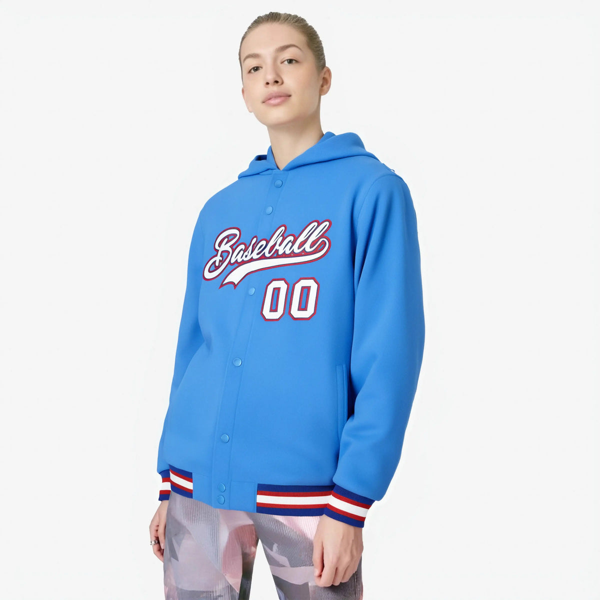 Custom Powder Blue White-Red Varsity Full-Snap Letterman Classic Hoodie Jacket