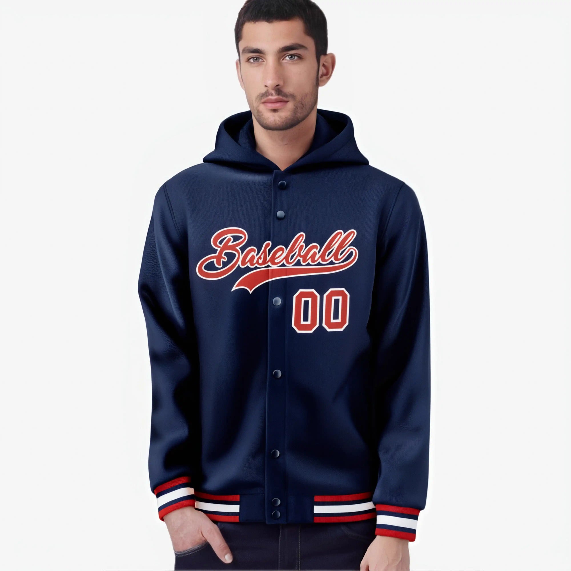 Custom Navy Red-White Varsity Full-Snap Letterman Classic Hoodie Jacket