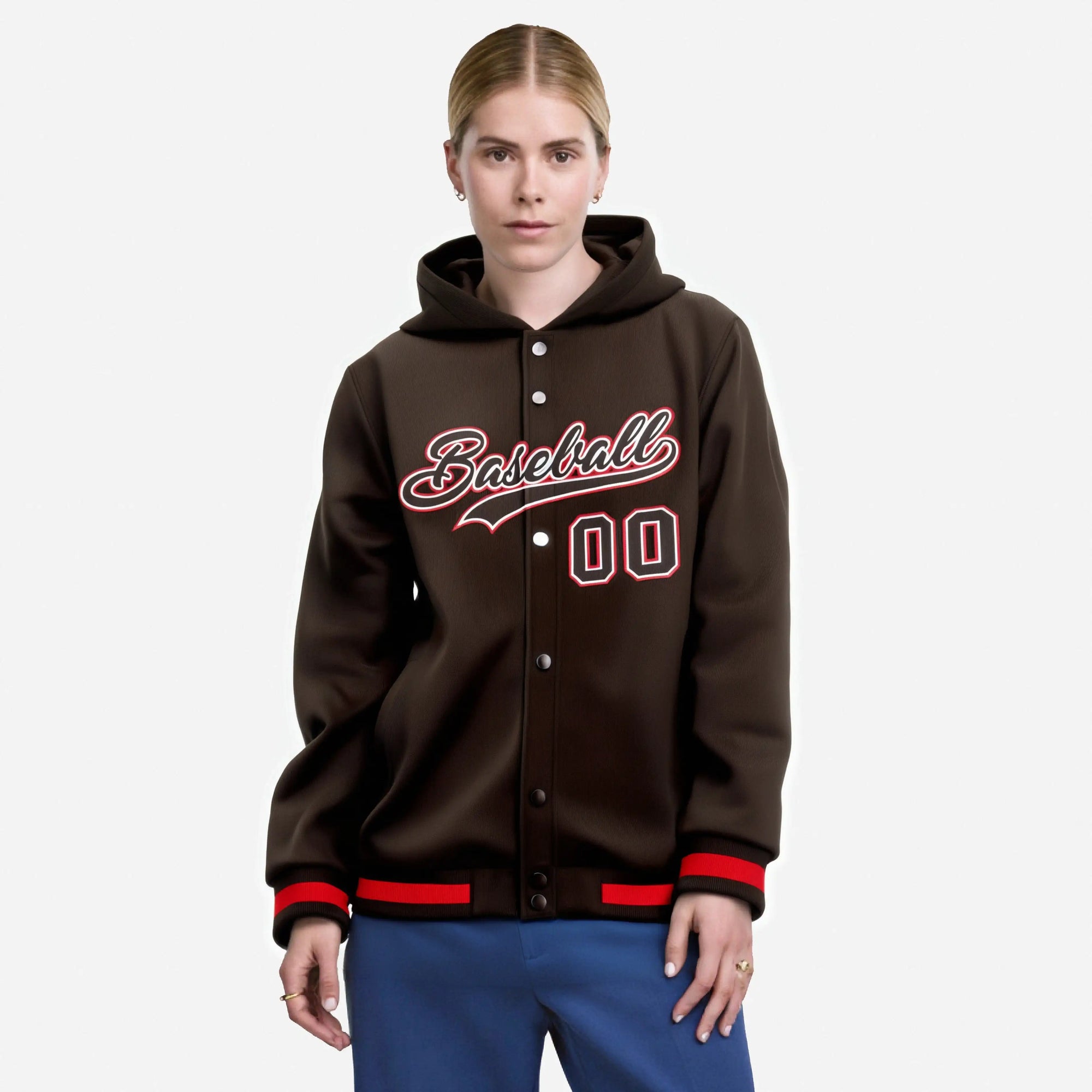 Custom Brown White-Red Varsity Full-Snap Letterman Classic Hoodie Jacket