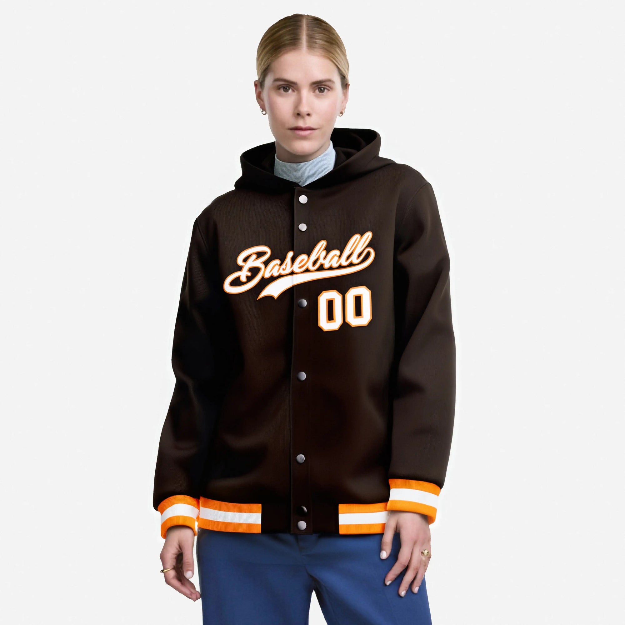 Custom Brown White-Orange Varsity Full-Snap Letterman Classic Hoodie Jacket