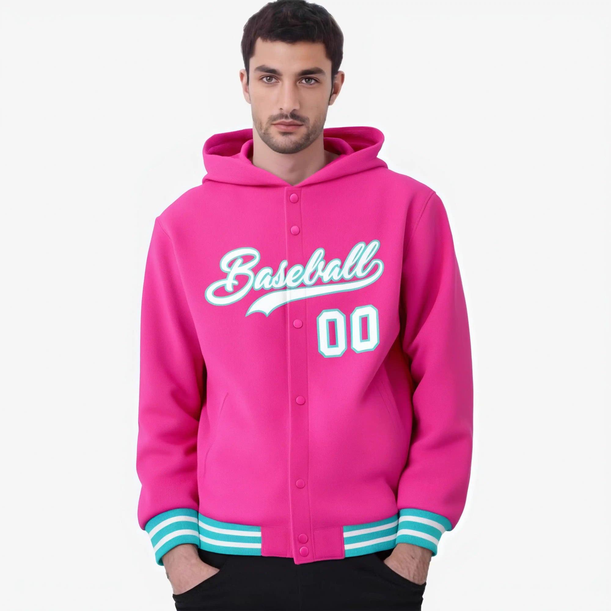 Custom Pink White-Aqua Varsity Full-Snap Letterman Classic Hoodie Jacket