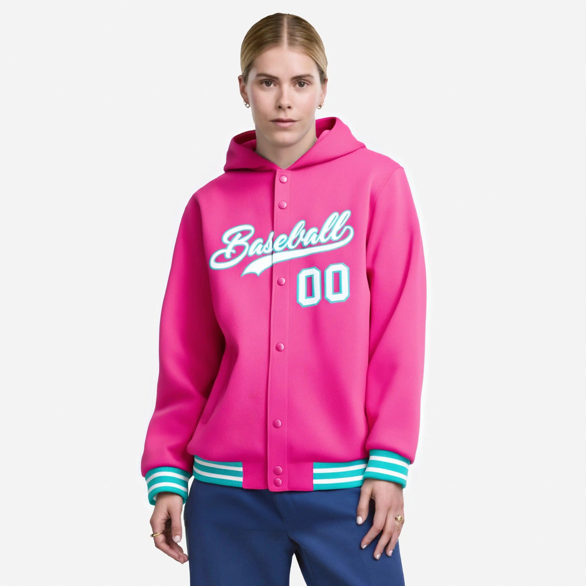 Custom Pink White-Aqua Varsity Full-Snap Letterman Classic Hoodie Jacket