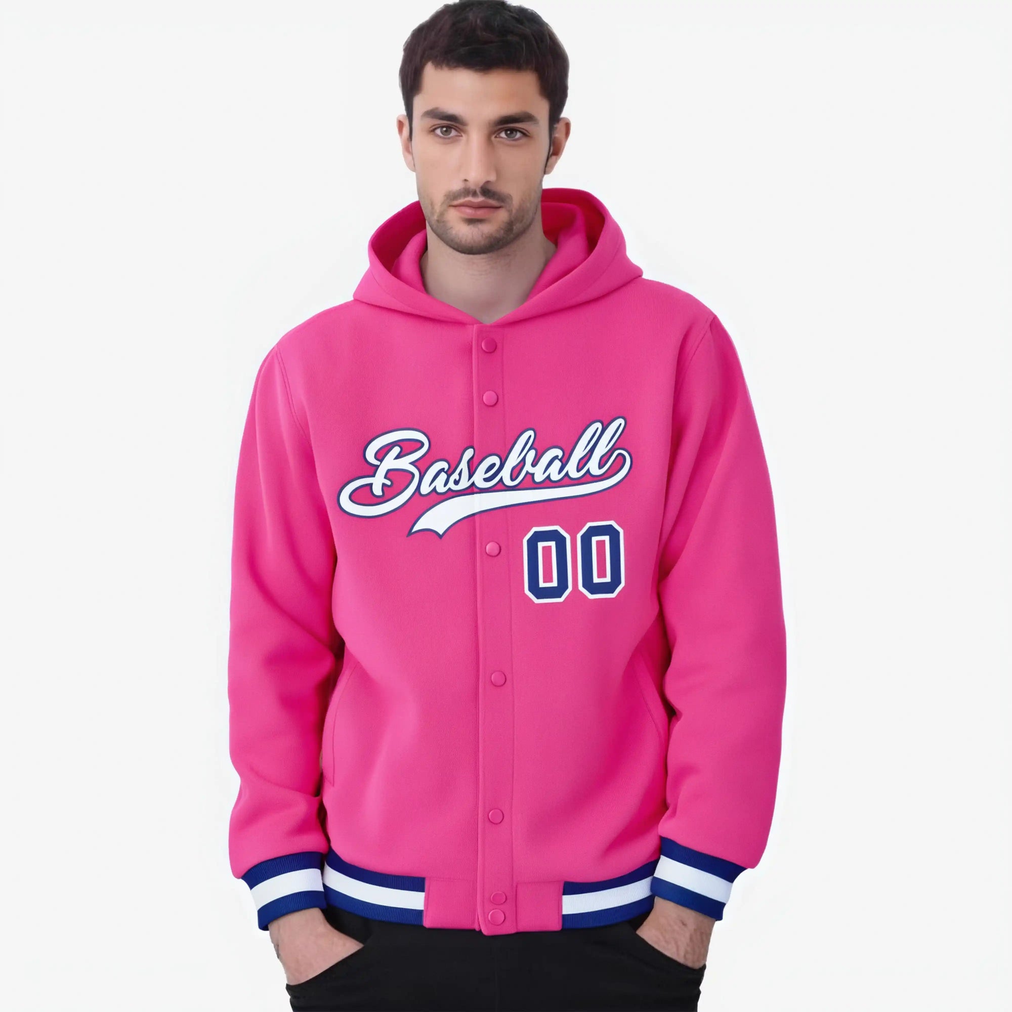 Custom Pink White-Royal Blue Varsity Full-Snap Letterman Classic Hoodie Jacket