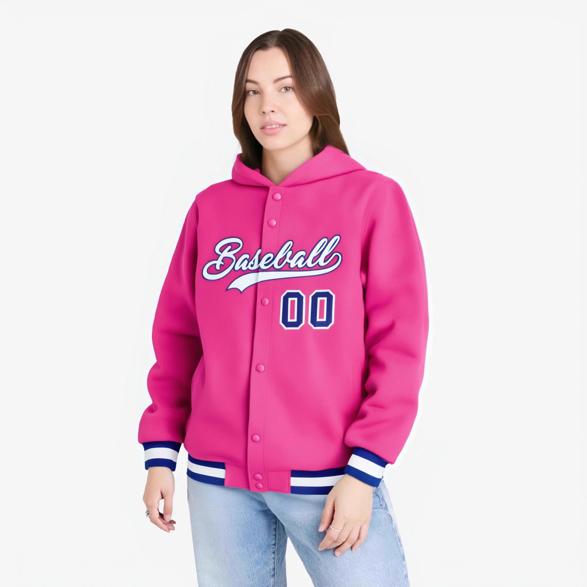 Custom Pink White-Royal Blue Varsity Full-Snap Letterman Classic Hoodie Jacket