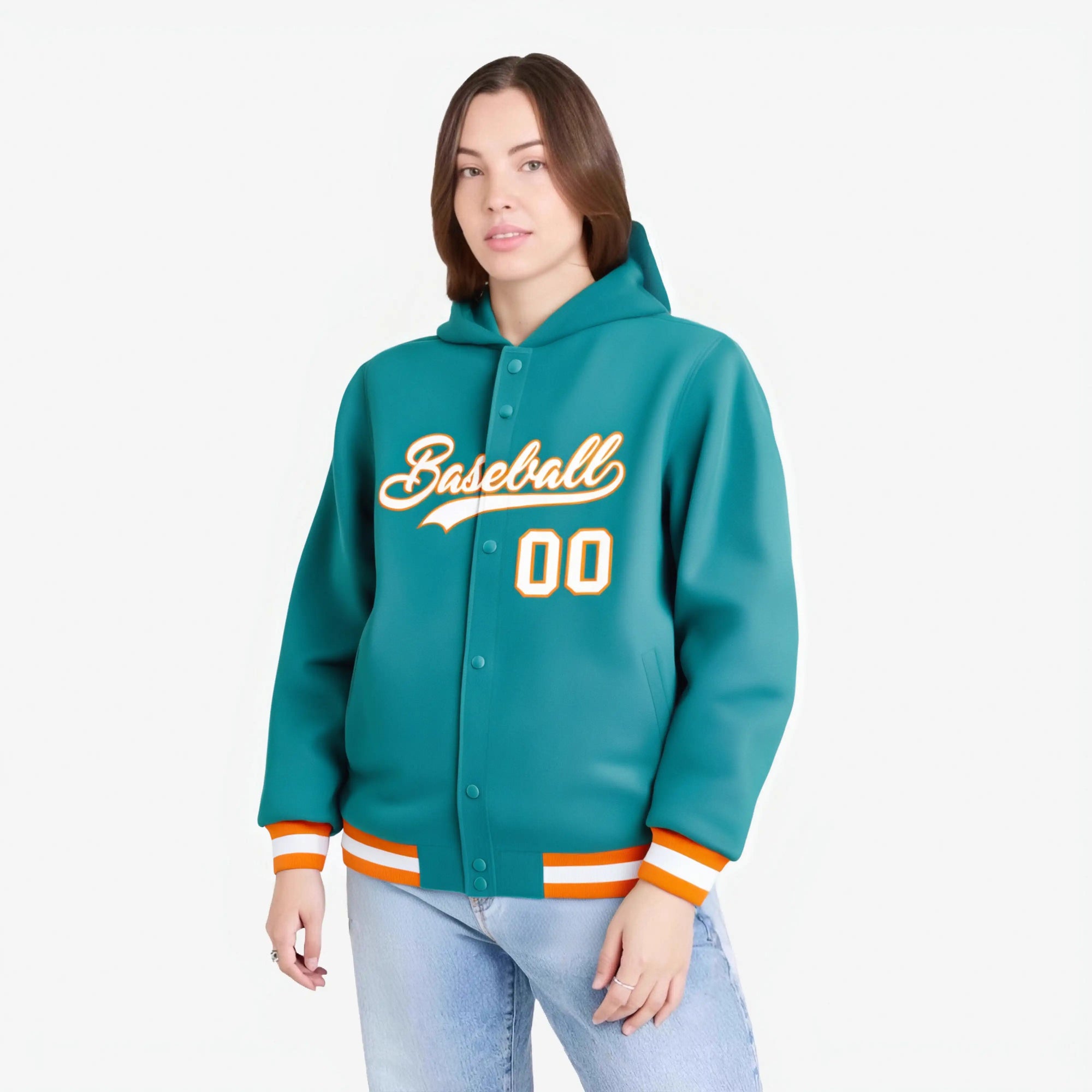 Custom Aqua White-Orange Varsity Full-Snap Letterman Classic Hoodie Jacket