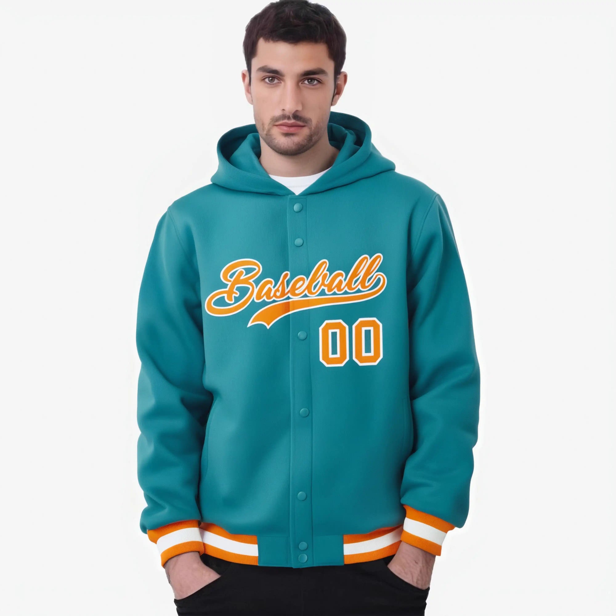 Custom Aqua Orange-White Varsity Full-Snap Letterman Classic Hoodie Jacket