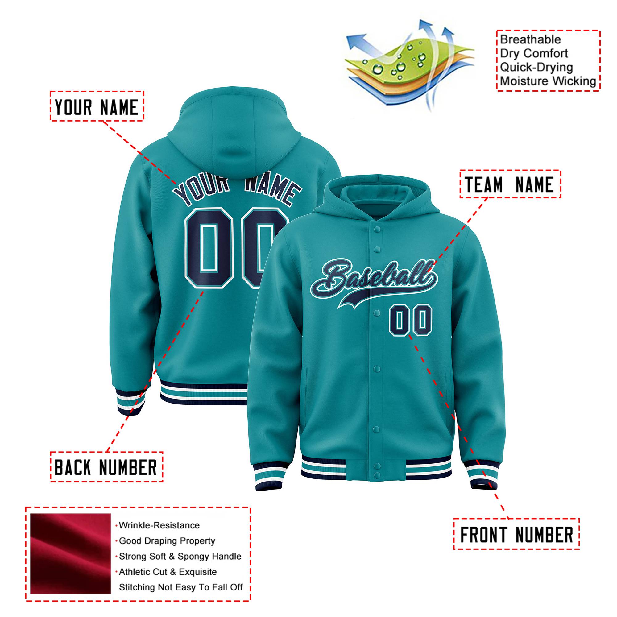 Custom Aqua Navy-White Varsity Full-Snap Letterman Classic Hoodie Jacket