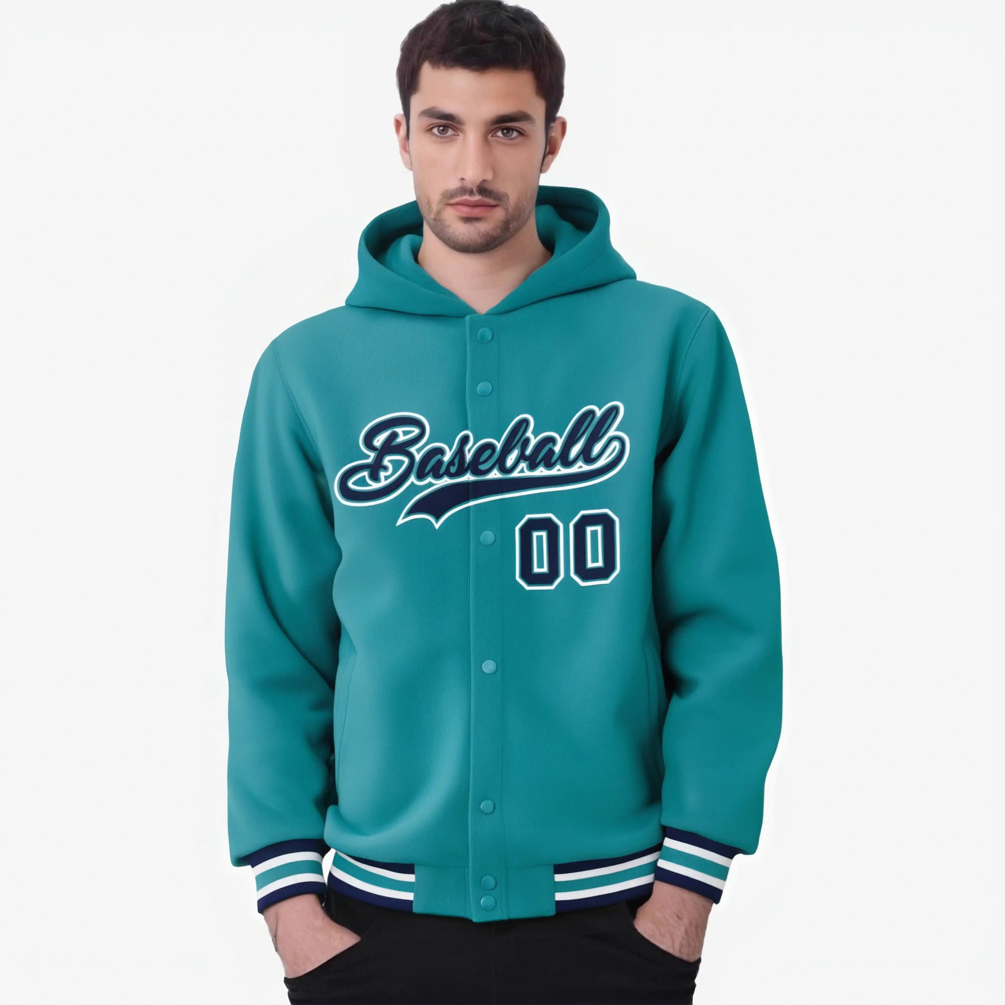 Custom Aqua Navy-White Varsity Full-Snap Letterman Classic Hoodie Jacket