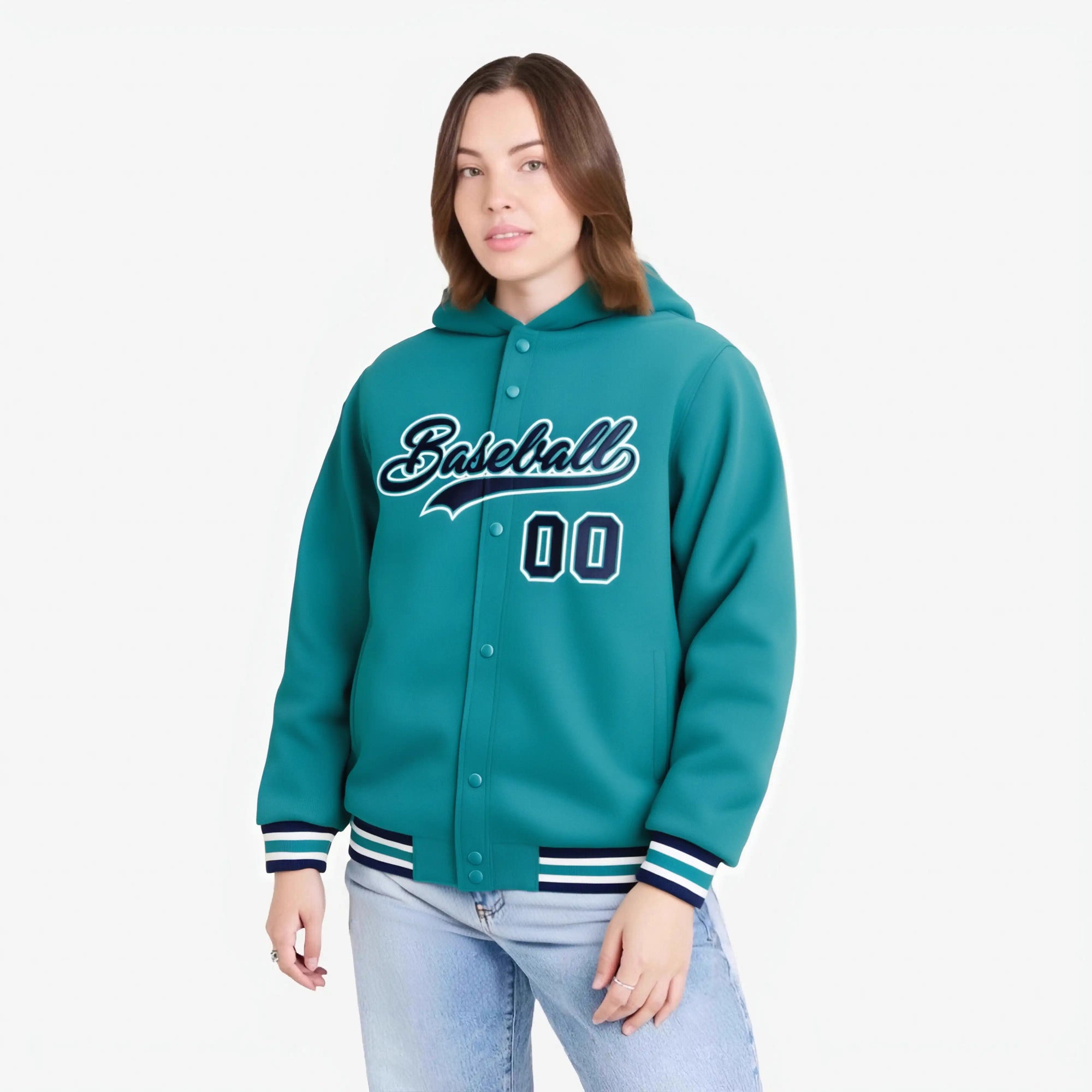 Custom Aqua Navy-White Varsity Full-Snap Letterman Classic Hoodie Jacket