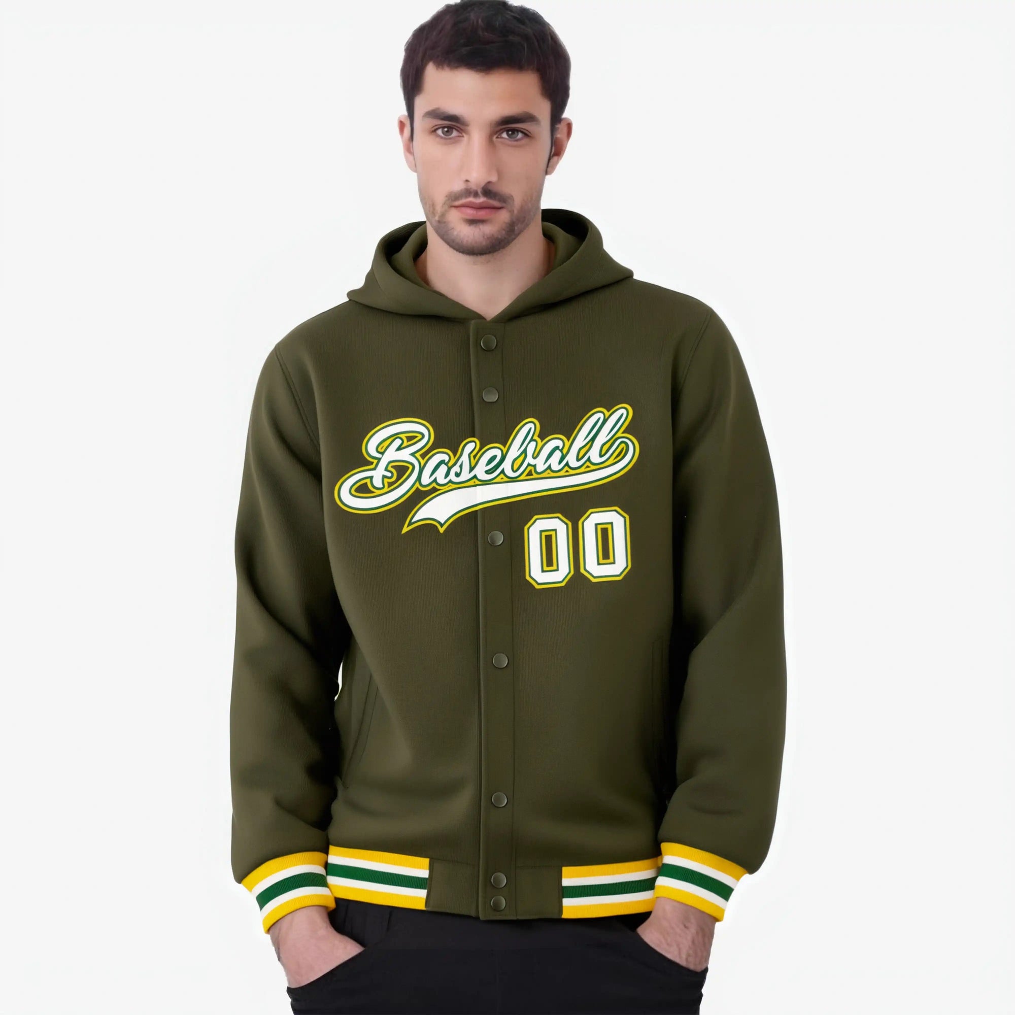 Custom Olive White-Gold Varsity Full-Snap Letterman Classic Hoodie Jacket