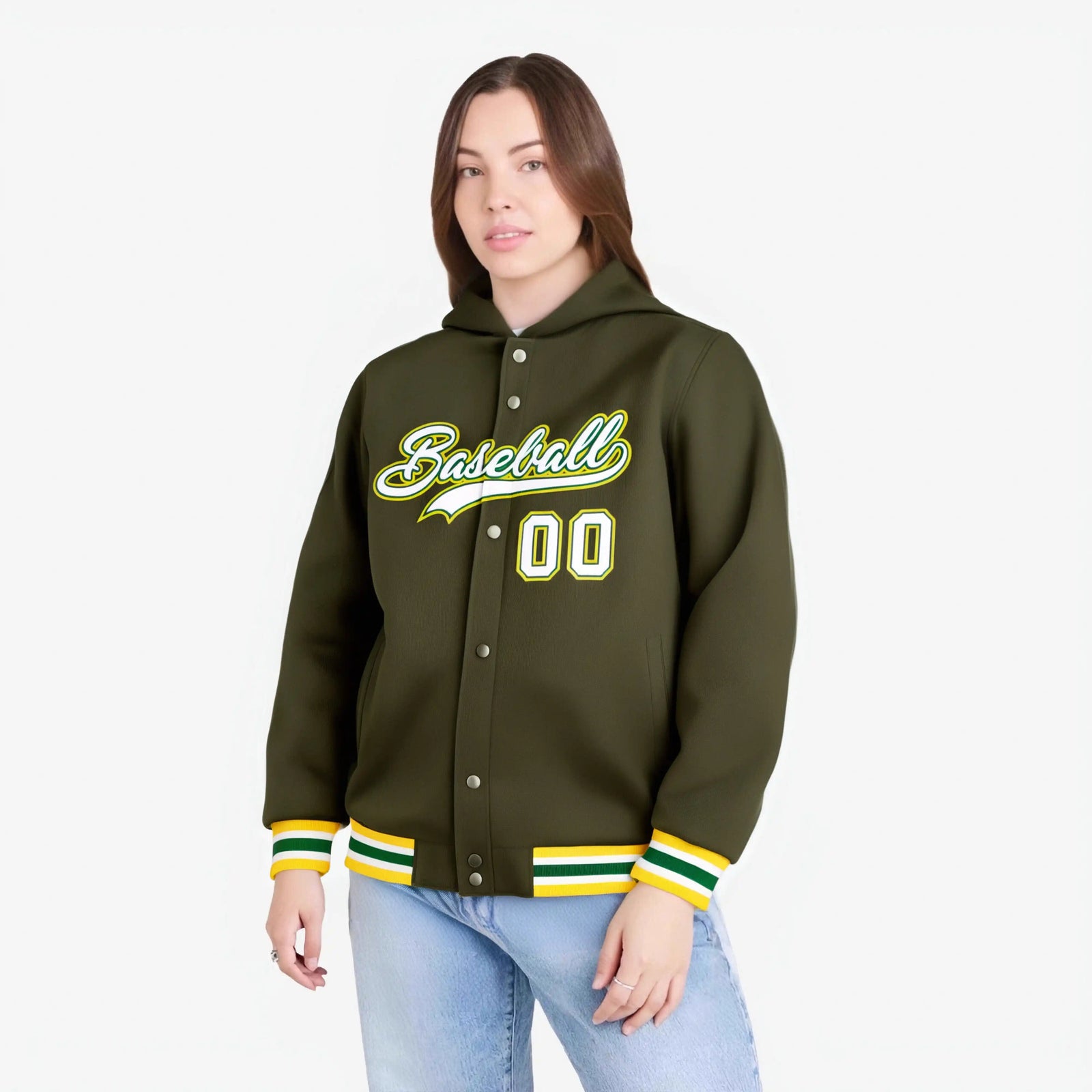 Custom Olive White-Gold Varsity Full-Snap Letterman Classic Hoodie Jacket