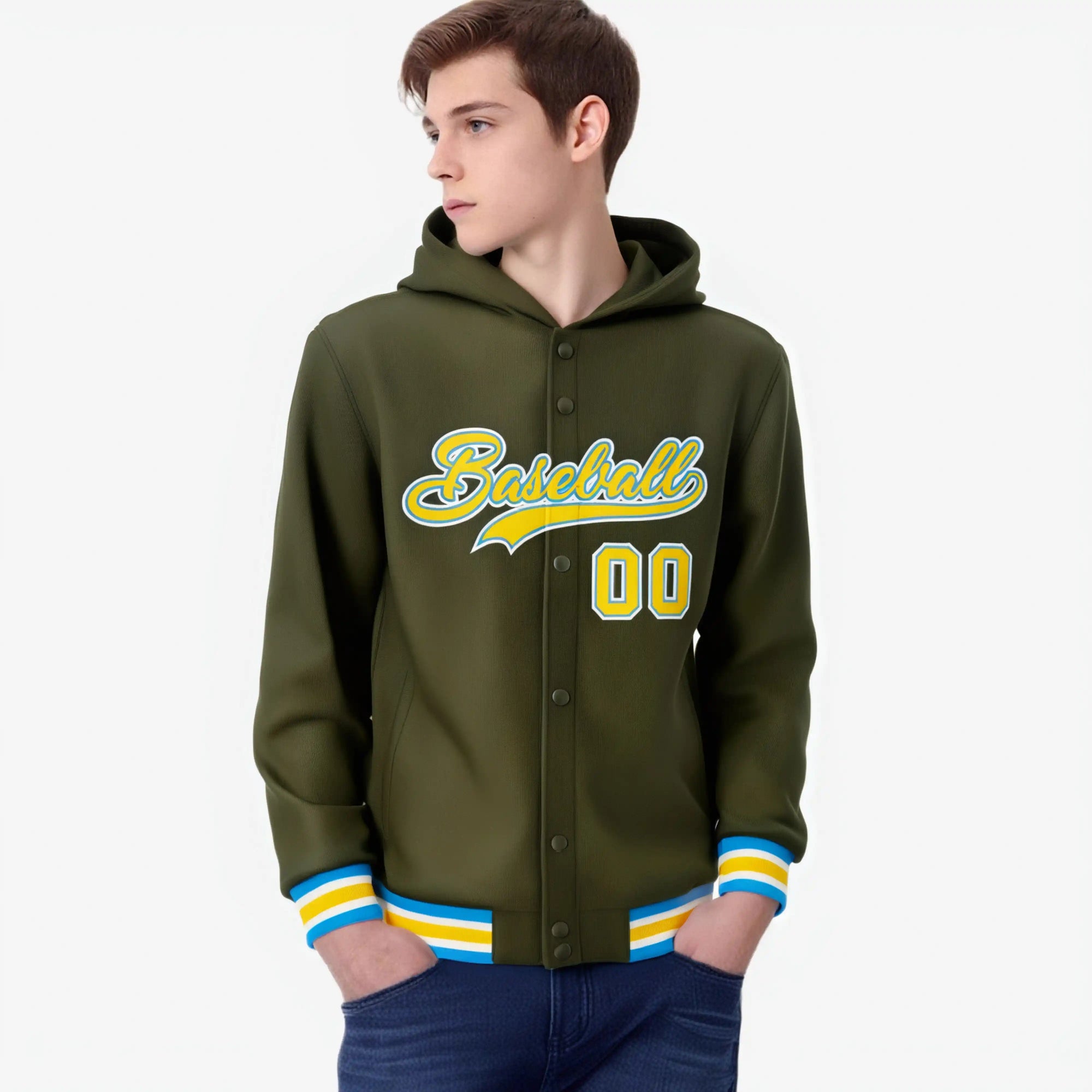 Custom Olive Gold-White Varsity Full-Snap Letterman Classic Hoodie Jacket