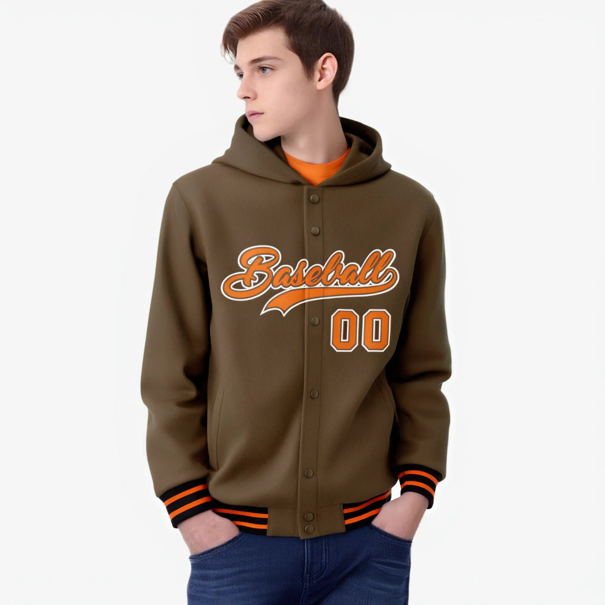 Custom Brown Orange-White Varsity Full-Snap Letterman Classic Hoodie Jacket