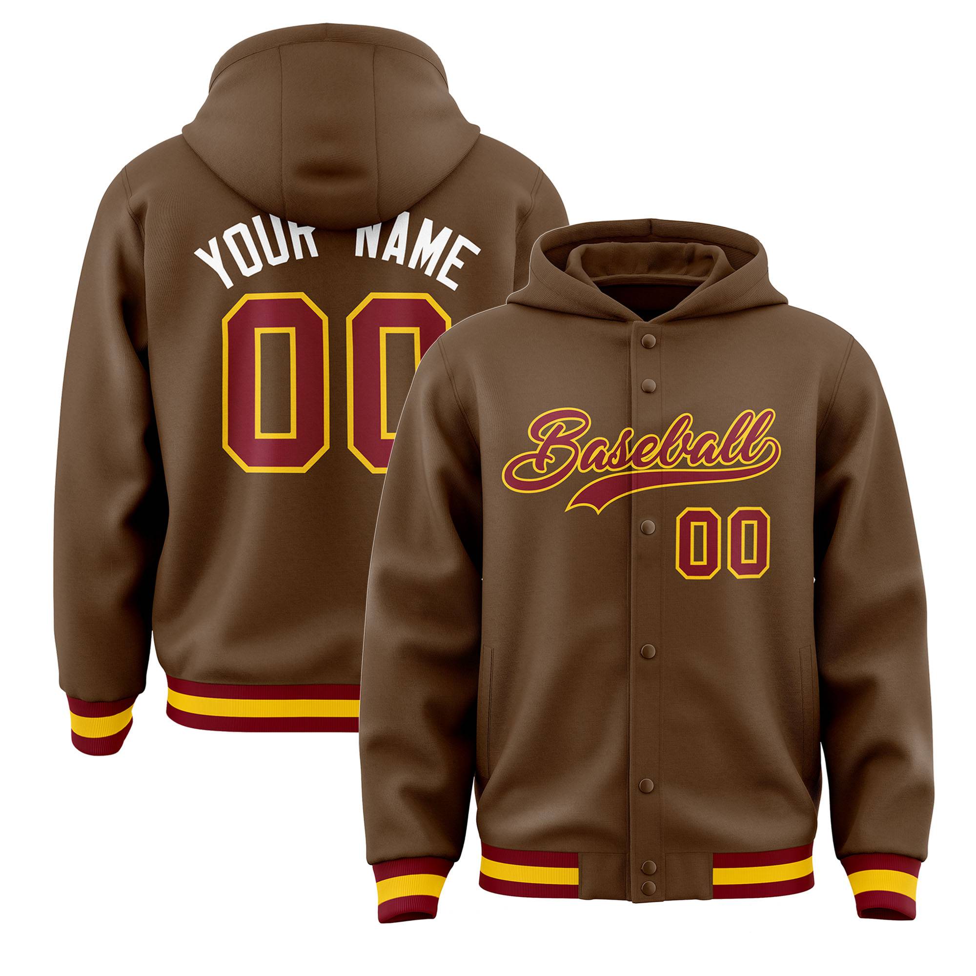 Custom Brown Crimson-Gold Varsity Full-Snap Letterman Classic Hoodie Jacket