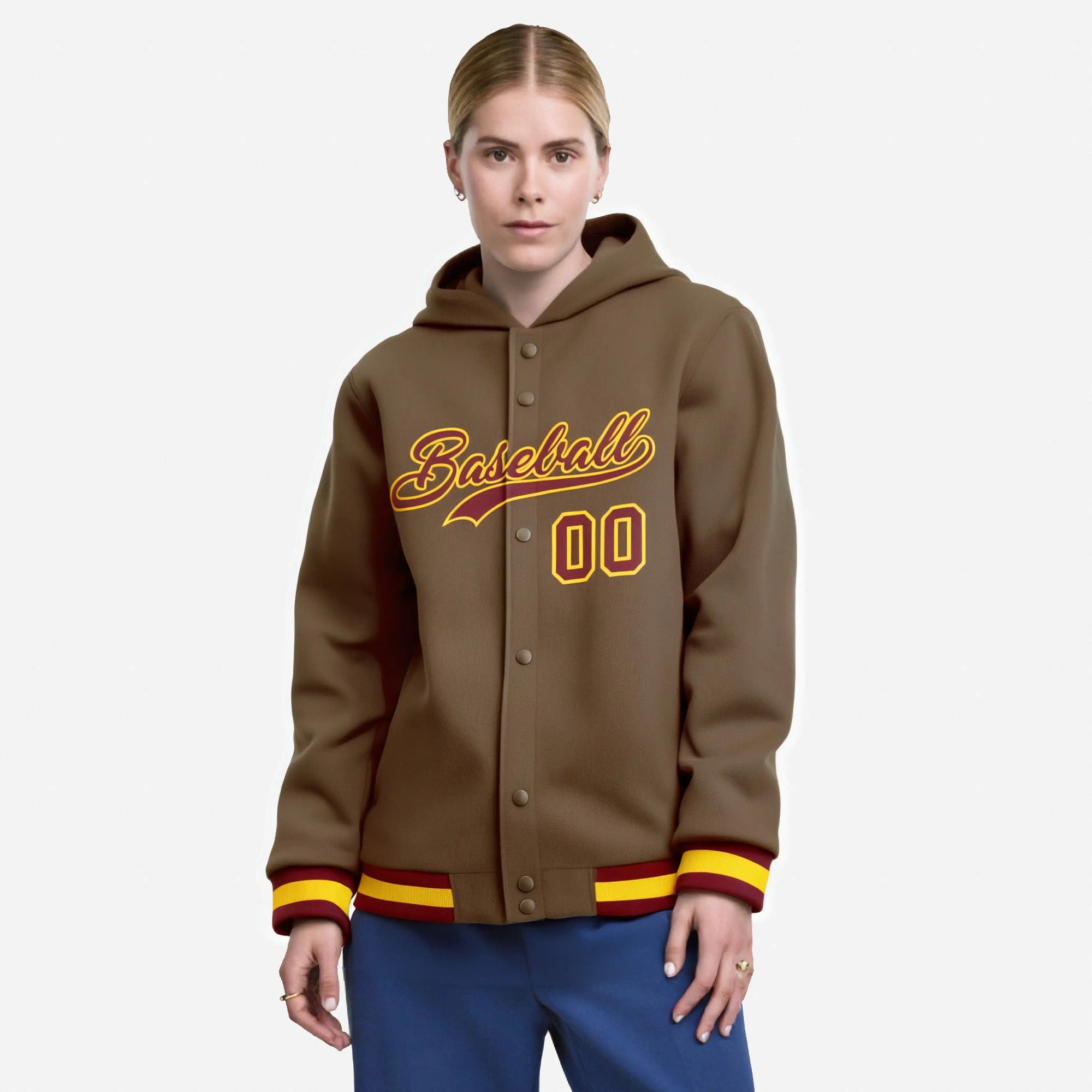 Custom Brown Crimson-Gold Varsity Full-Snap Letterman Classic Hoodie Jacket