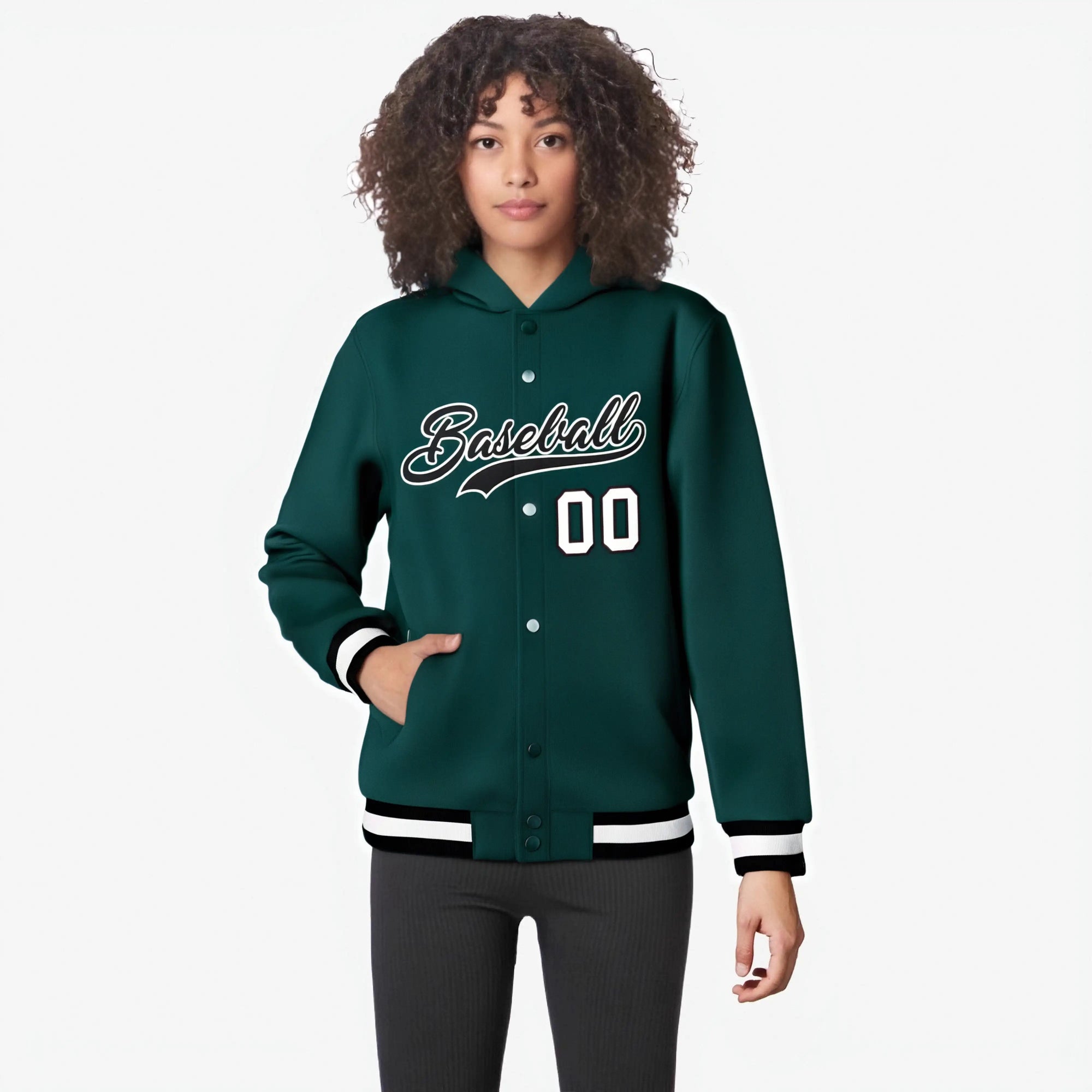 Custom Green Black-White Varsity Full-Snap Letterman Classic Hoodie Jacket