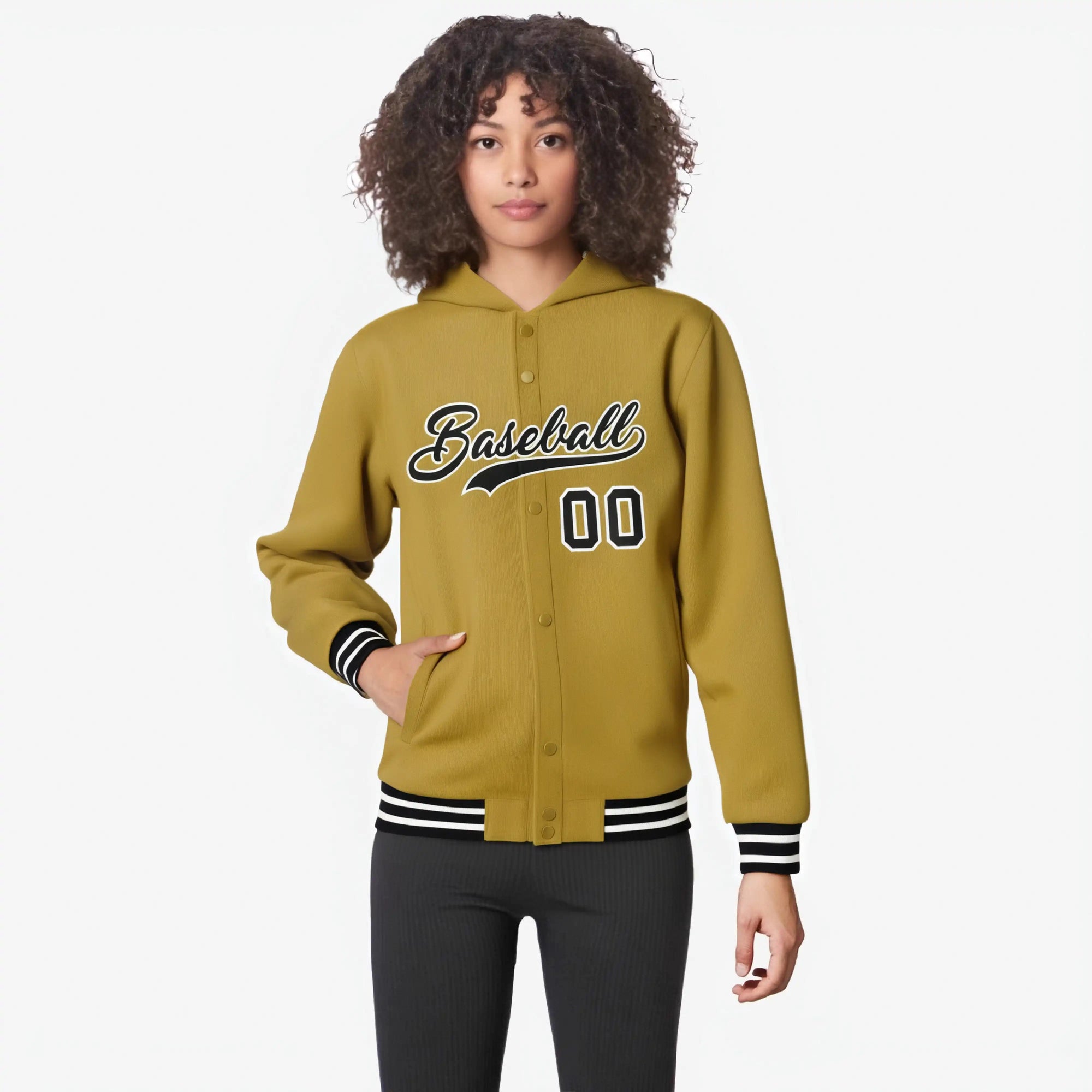 Custom Old Gold Black-White Varsity Full-Snap Letterman Classic Hoodie Jacket