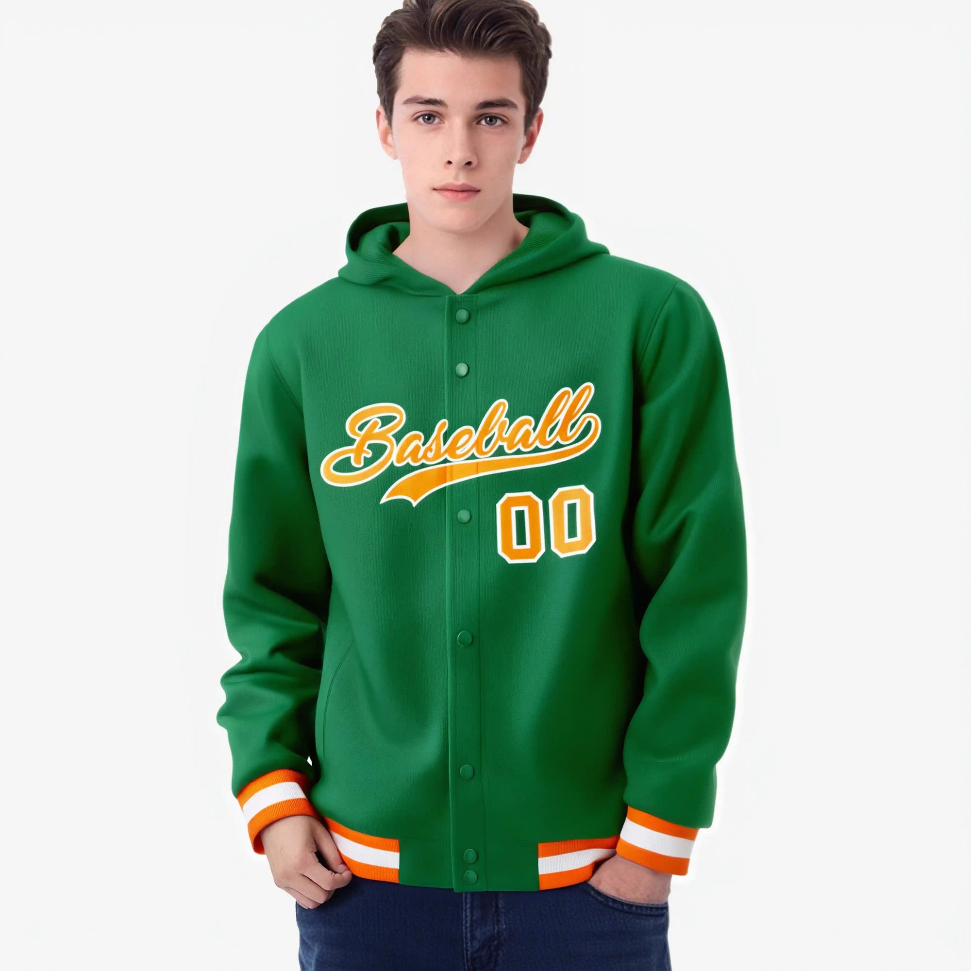 Custom Kelly Green Orange-White Varsity Full-Snap Letterman Classic Hoodie Jacket