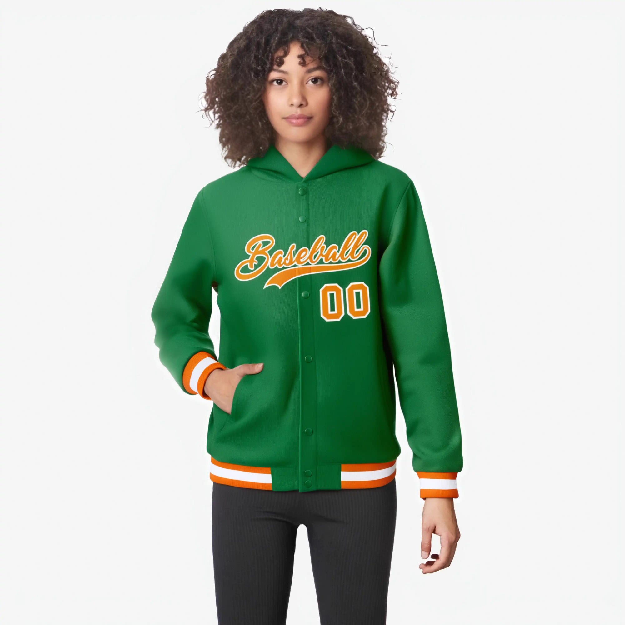 Custom Kelly Green Orange-White Varsity Full-Snap Letterman Classic Hoodie Jacket