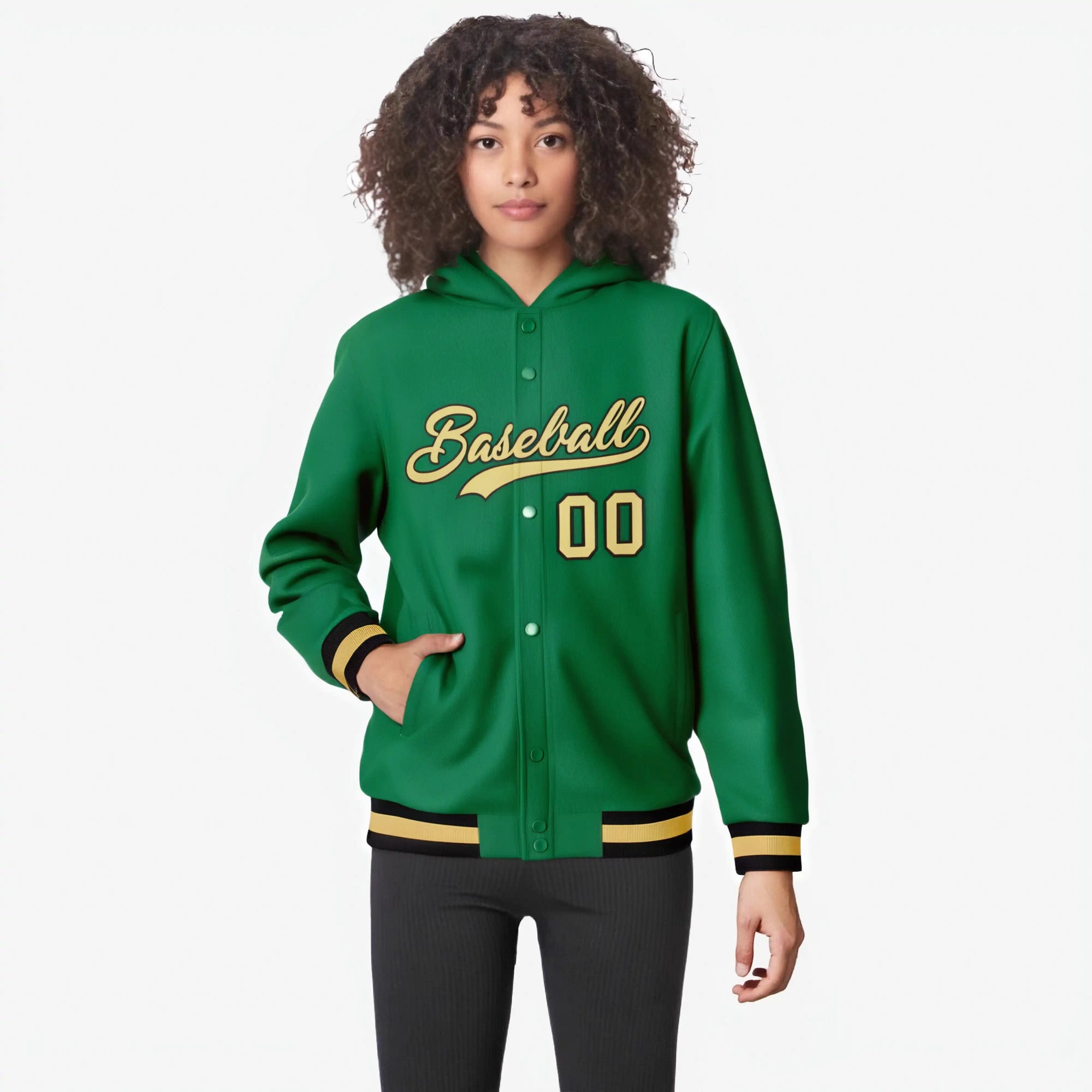 Custom Kelly Green Old Gold-Black Varsity Full-Snap Letterman Classic Hoodie Jacket