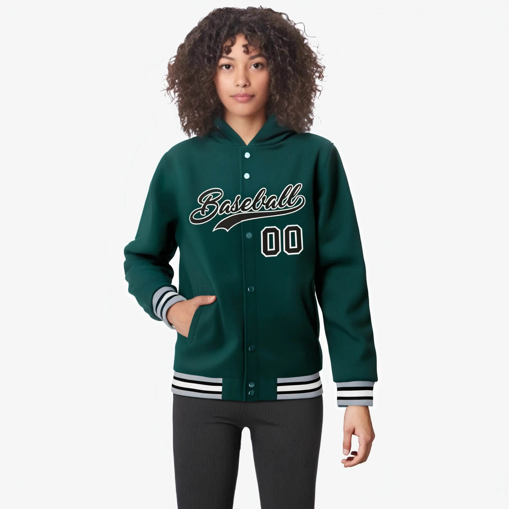 Custom Green Black-White Varsity Full-Snap Letterman Classic Hoodie Jacket