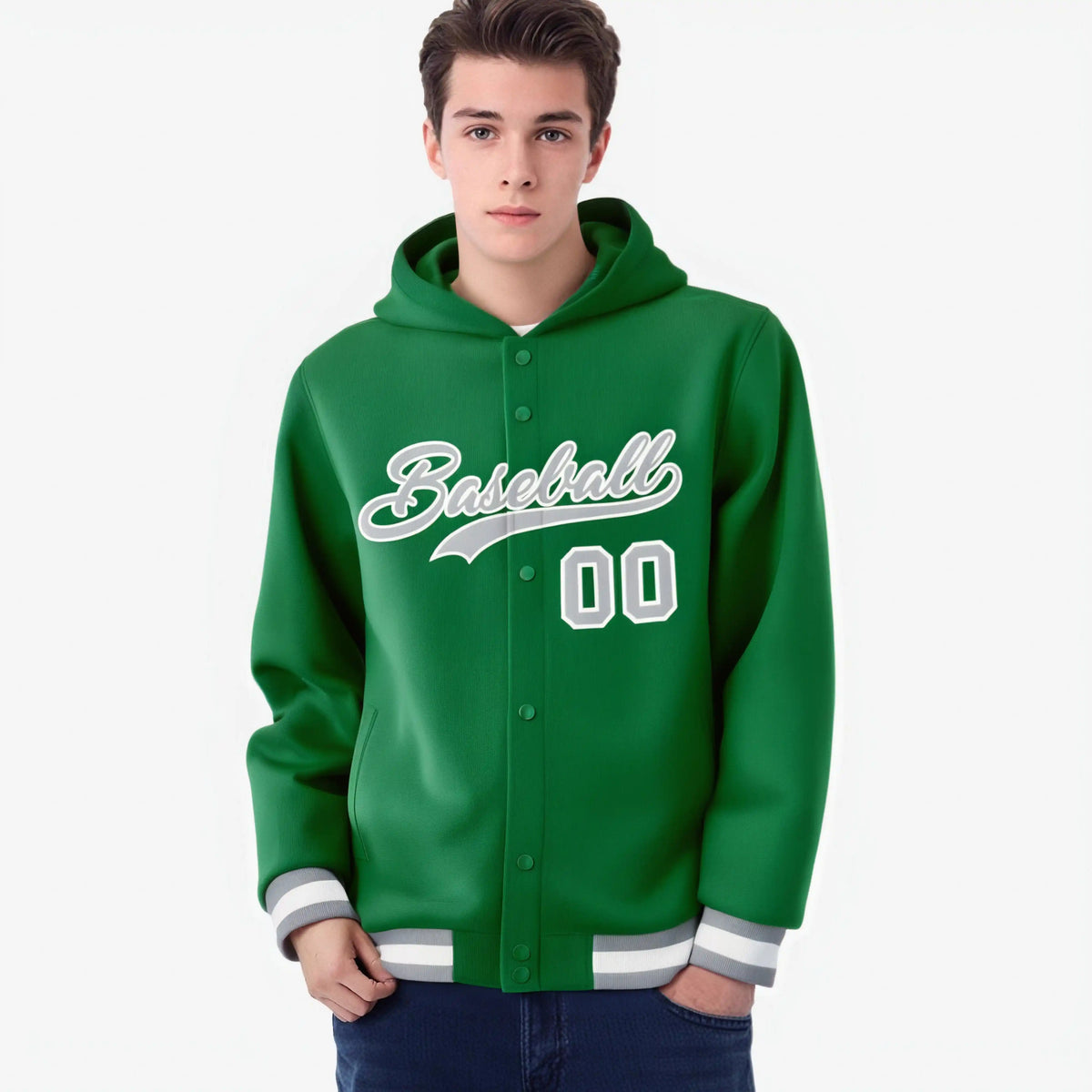 Custom Kelly Green Gray-White Varsity Full-Snap Letterman Classic Hoodie Jacket