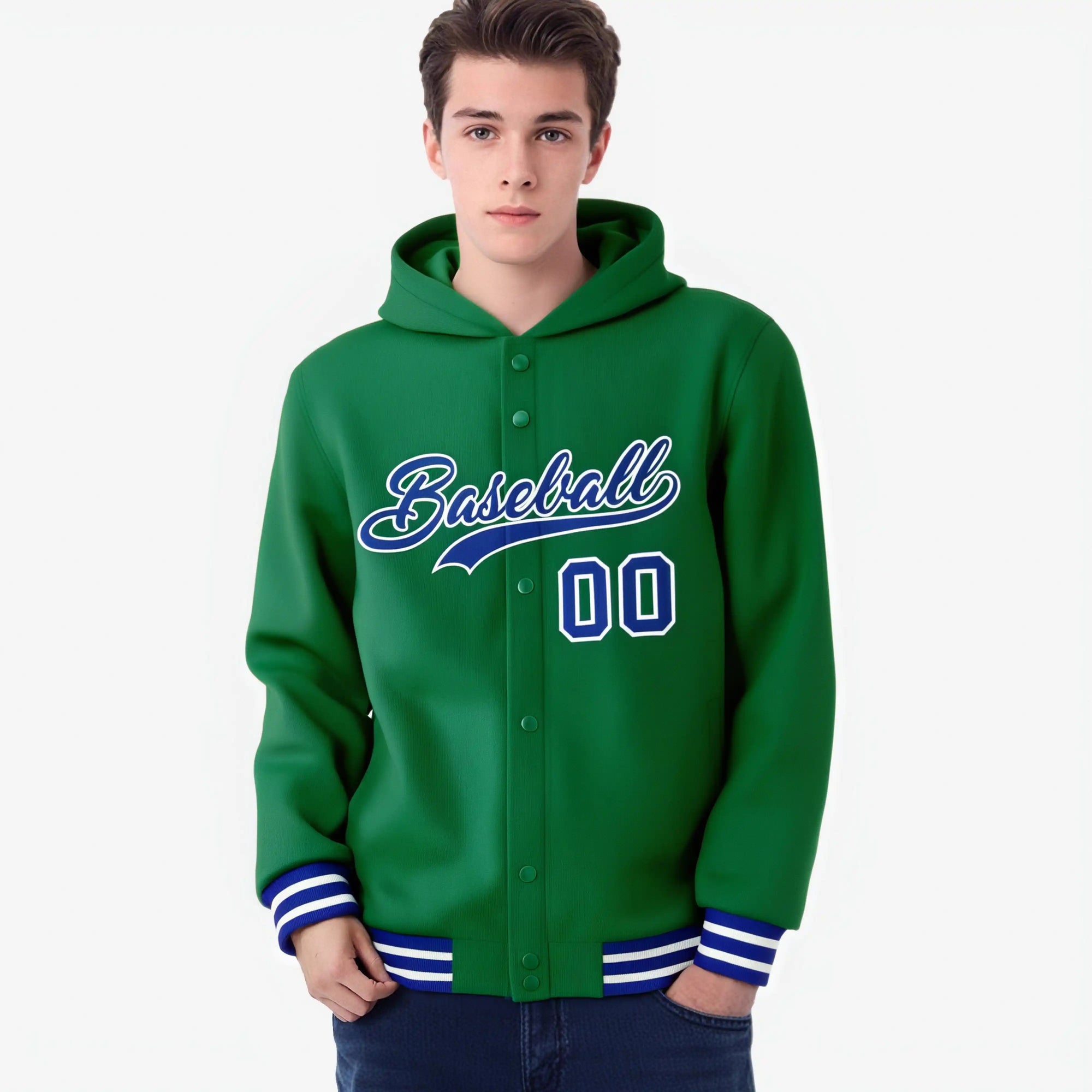 Custom Kelly Green Royal Blue-White Varsity Full-Snap Letterman Classic Hoodie Jacket