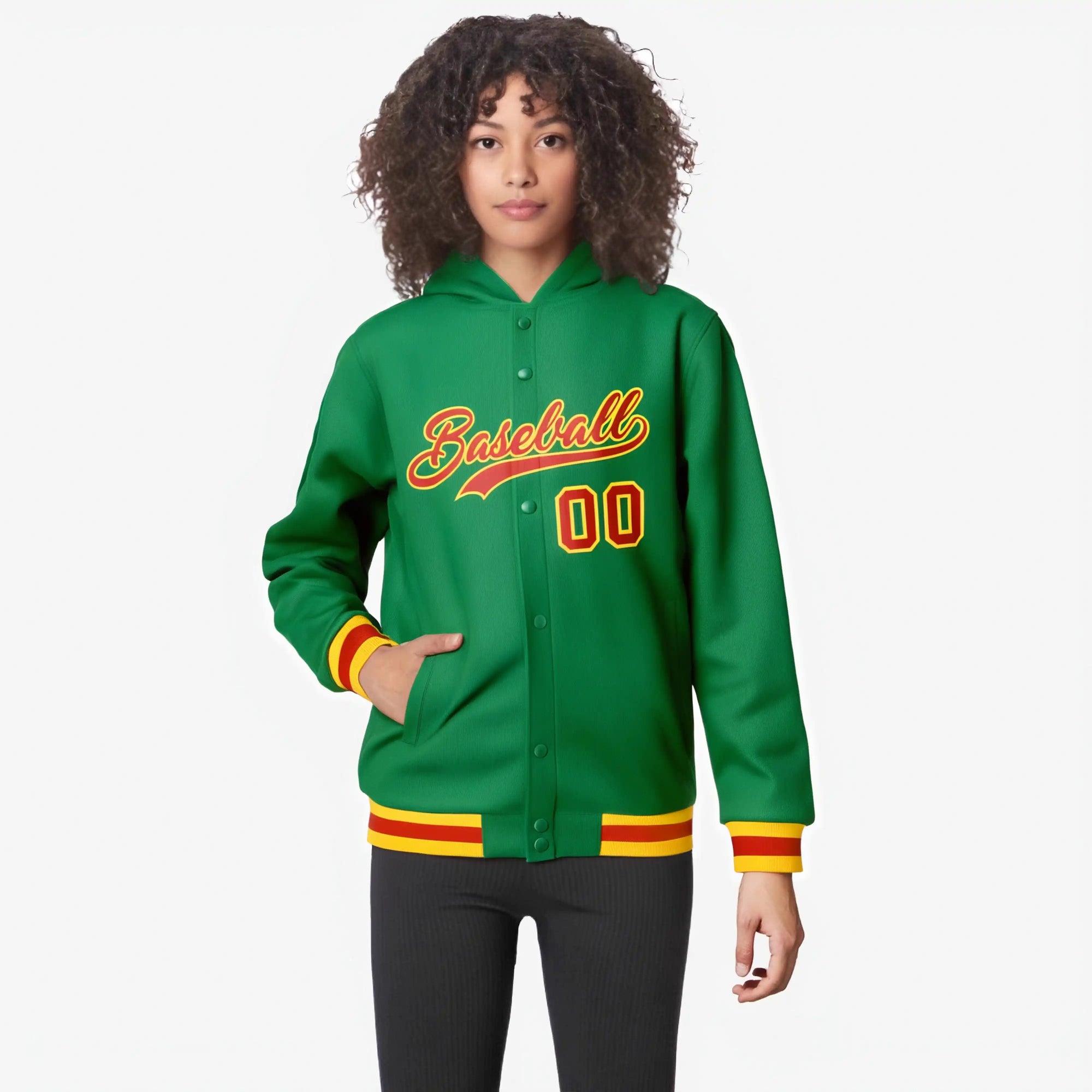 Custom Kelly Green Red-Gold Varsity Full-Snap Letterman Classic Hoodie Jacket