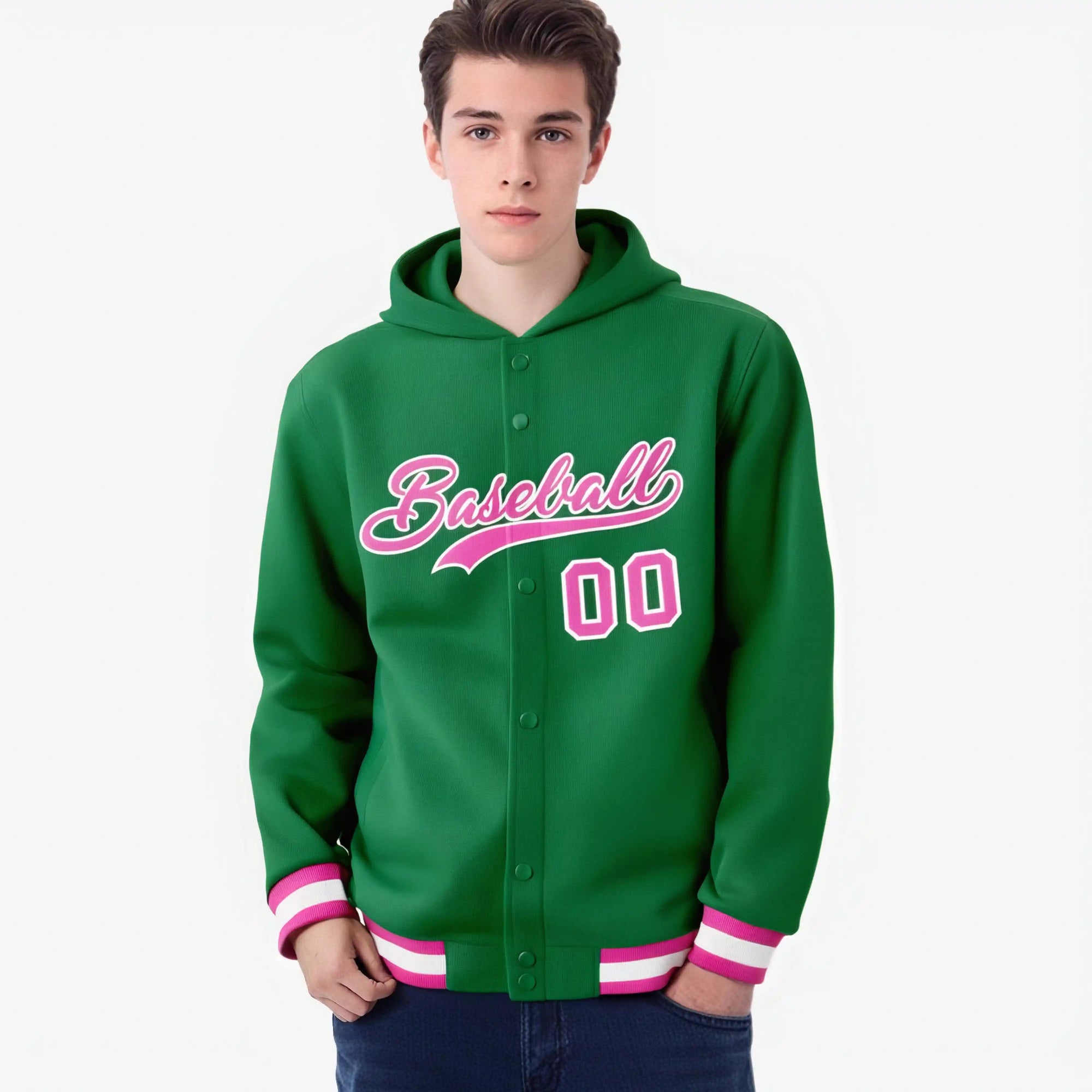 Custom Kelly Green Pink-White Varsity Full-Snap Letterman Classic Hoodie Jacket