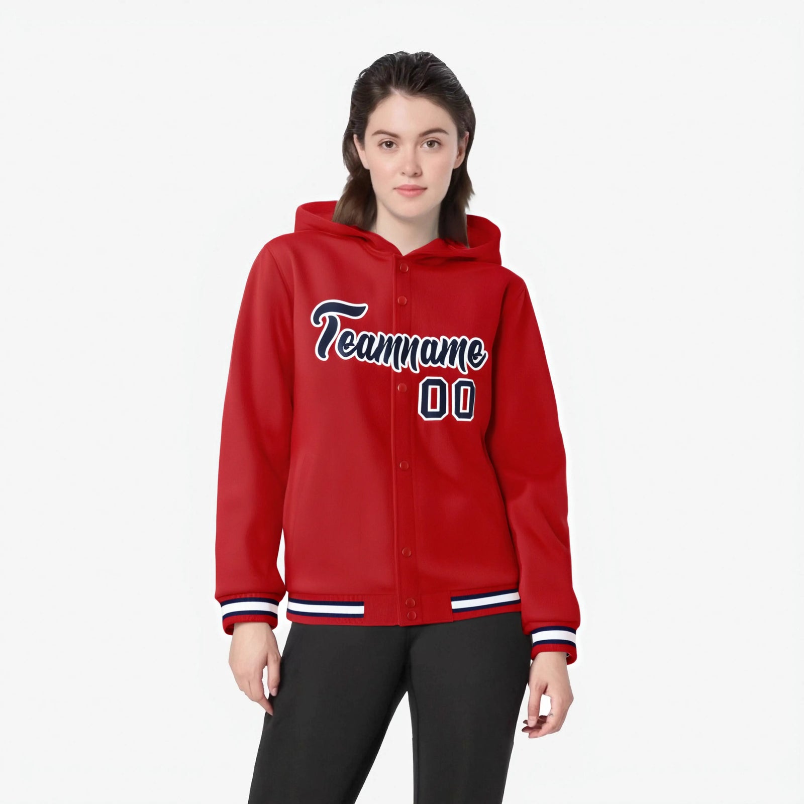 Custom Red Navy-White Varsity Full-Snap Letterman Classic Hoodie Jacket