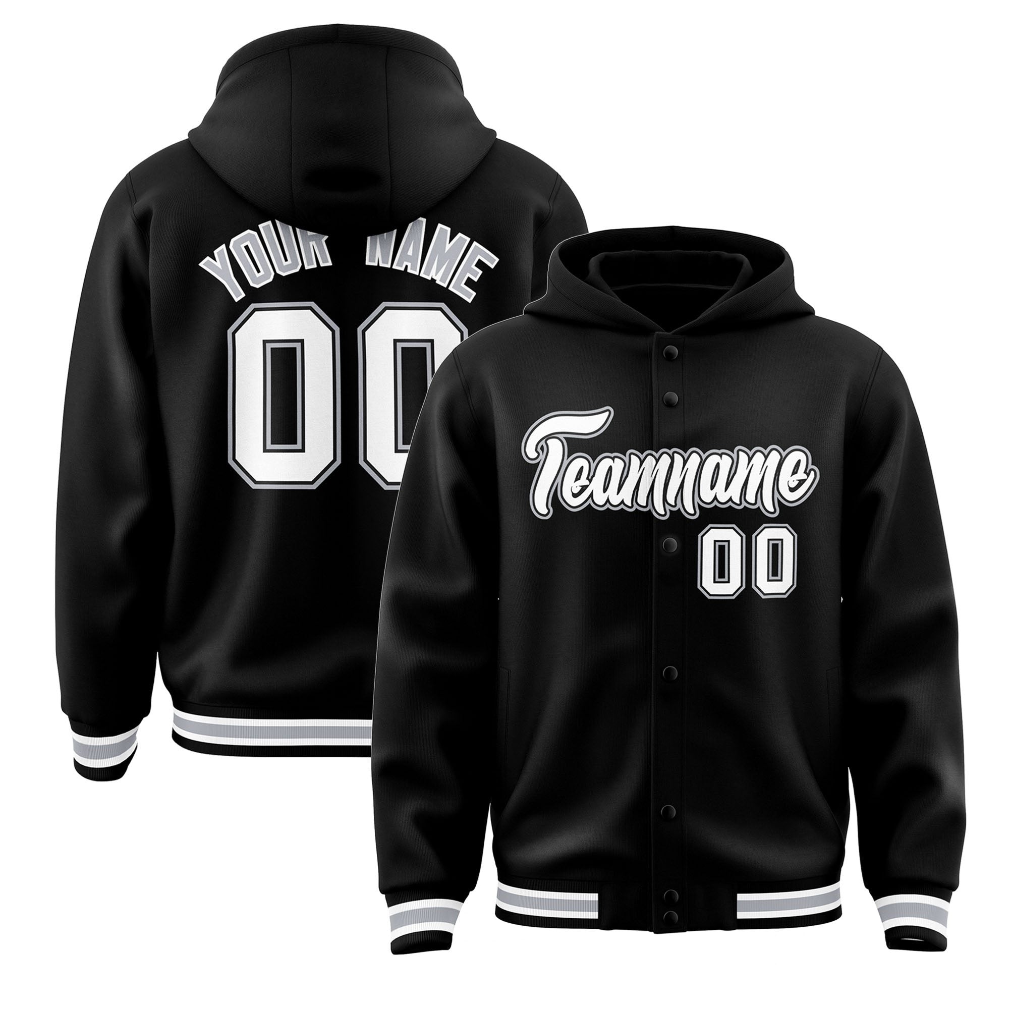 Custom Black White-Gray Varsity Full-Snap Letterman Classic Hoodie Jacket