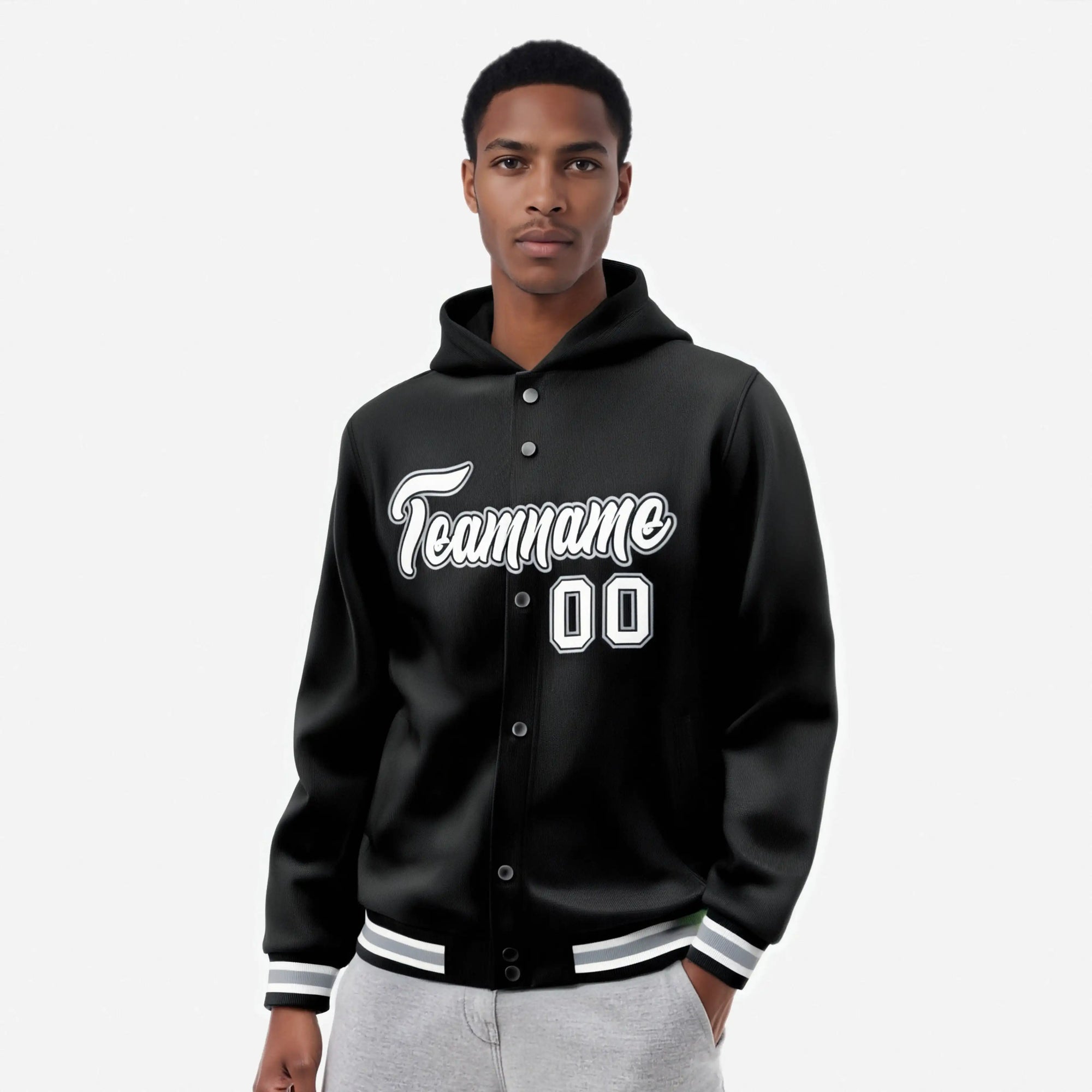 Custom Black White-Gray Varsity Full-Snap Letterman Classic Hoodie Jacket