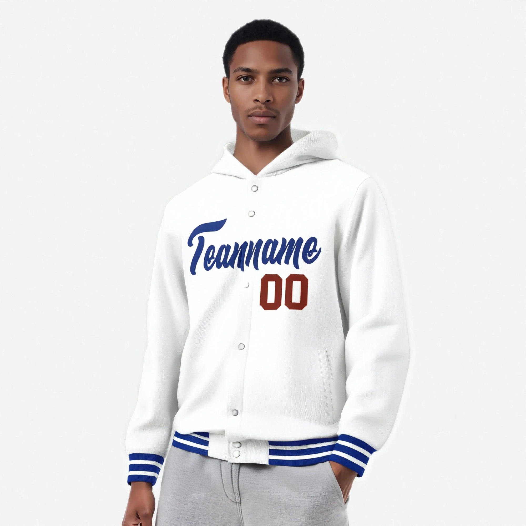 Custom White Royal Blue Varsity Full-Snap Letterman Classic Hoodie Jacket