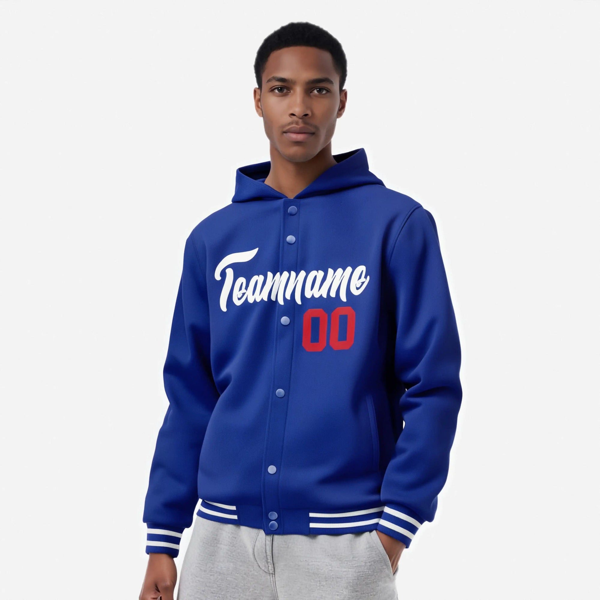 Custom Royal Blue White Varsity Full-Snap Letterman Classic Hoodie Jacket