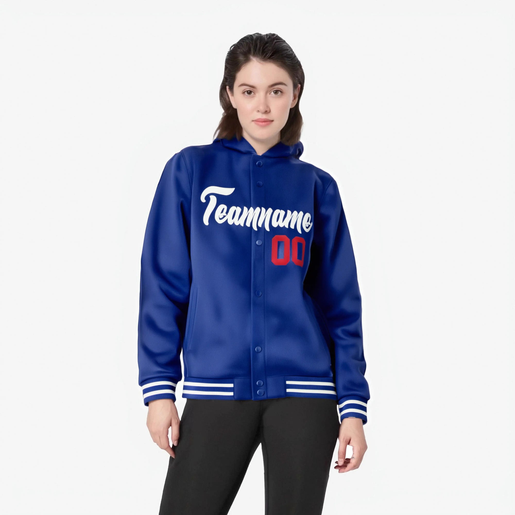 Custom Royal Blue White Varsity Full-Snap Letterman Classic Hoodie Jacket