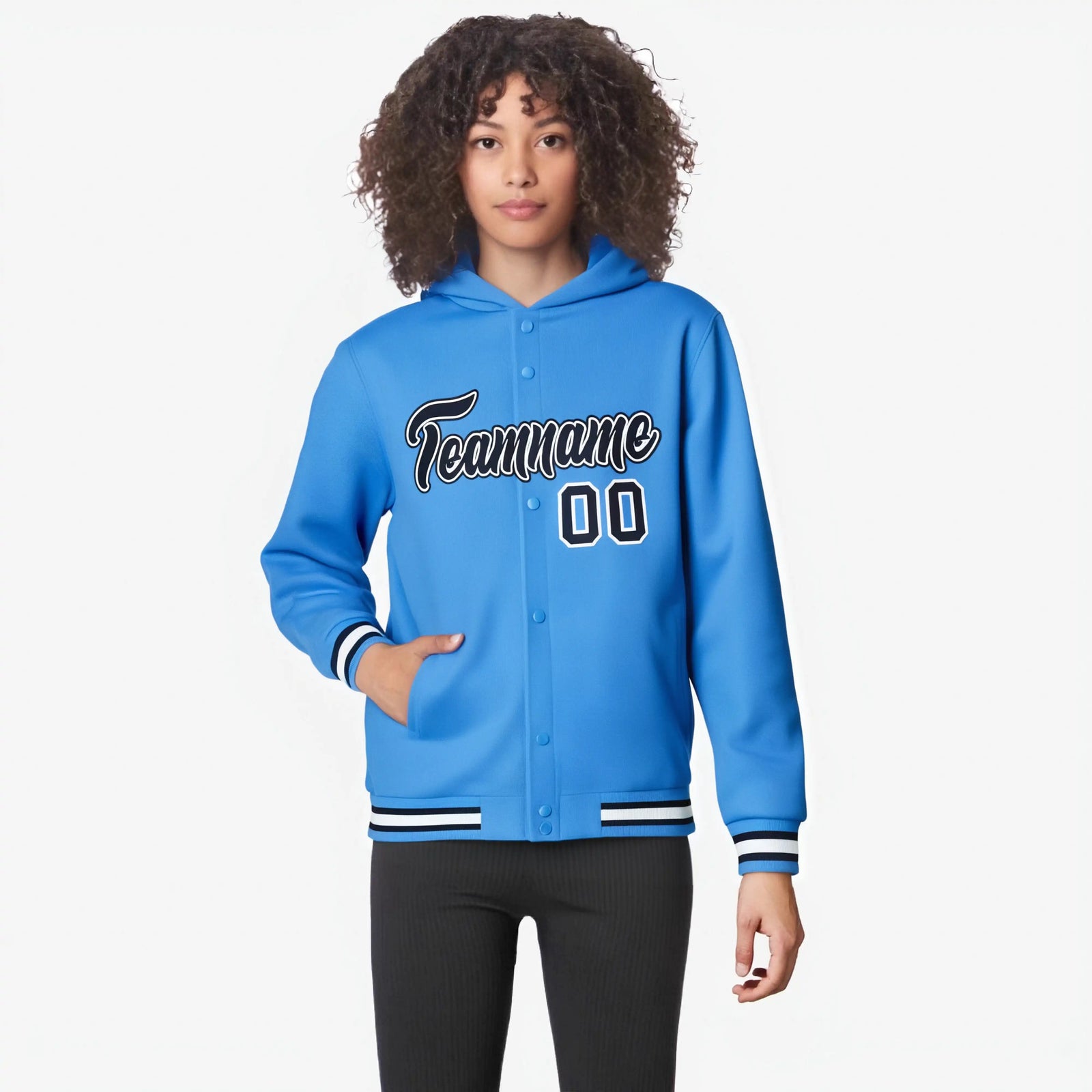 Custom Powder Blue Navy-White Varsity Full-Snap Letterman Classic Hoodie Jacket