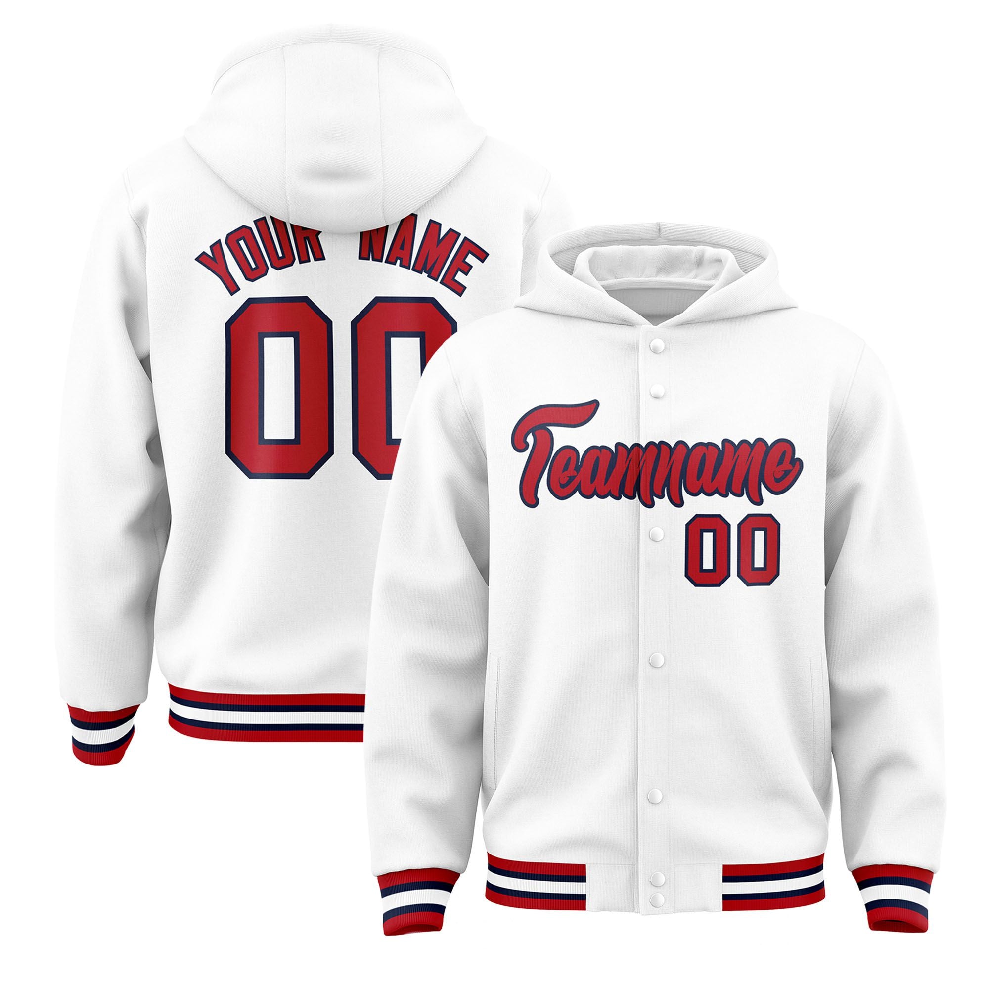 Custom Black Red-Navy Varsity Full-Snap Letterman Classic Hoodie Jacket