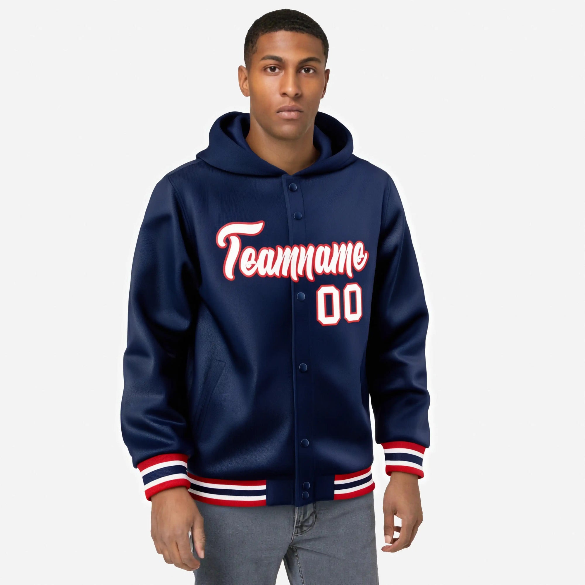 Custom Navy White-Red Varsity Full-Snap Letterman Classic Hoodie Jacket