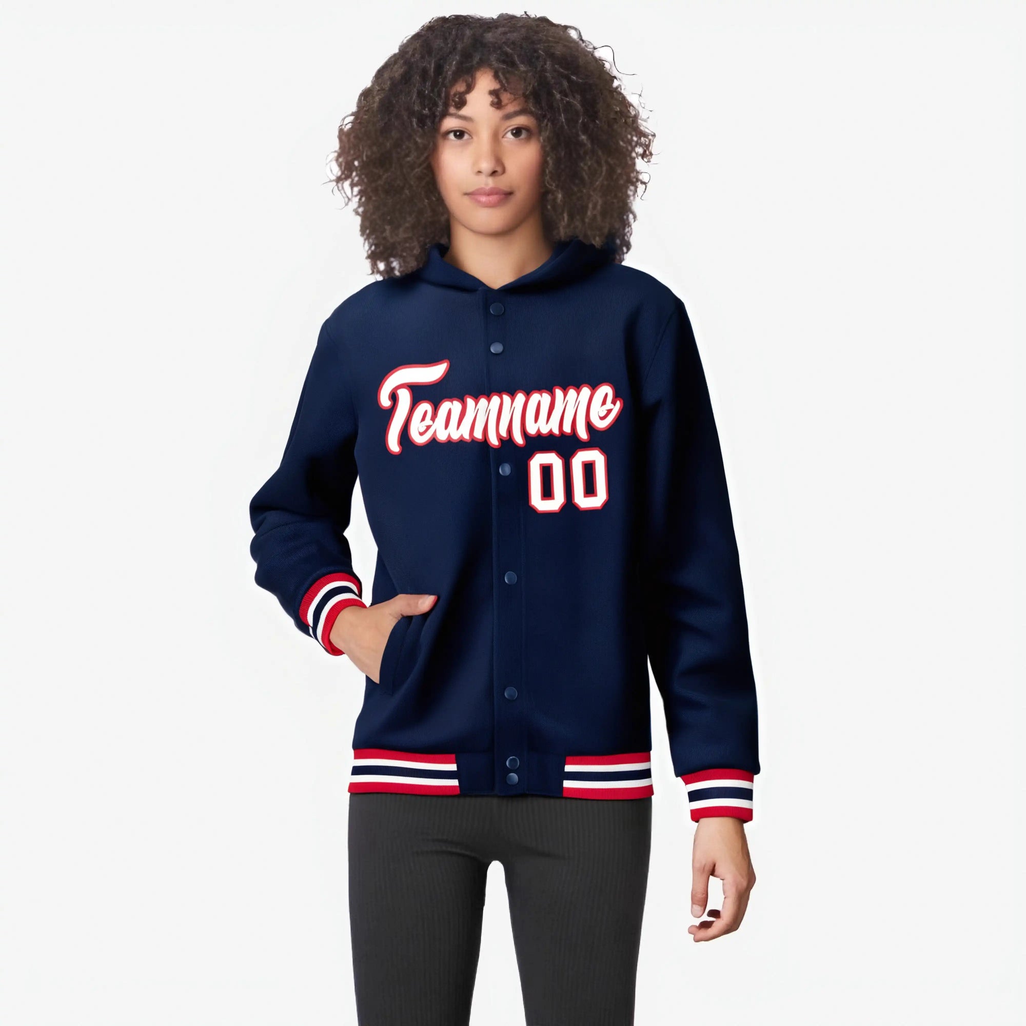 Custom Navy White-Red Varsity Full-Snap Letterman Classic Hoodie Jacket