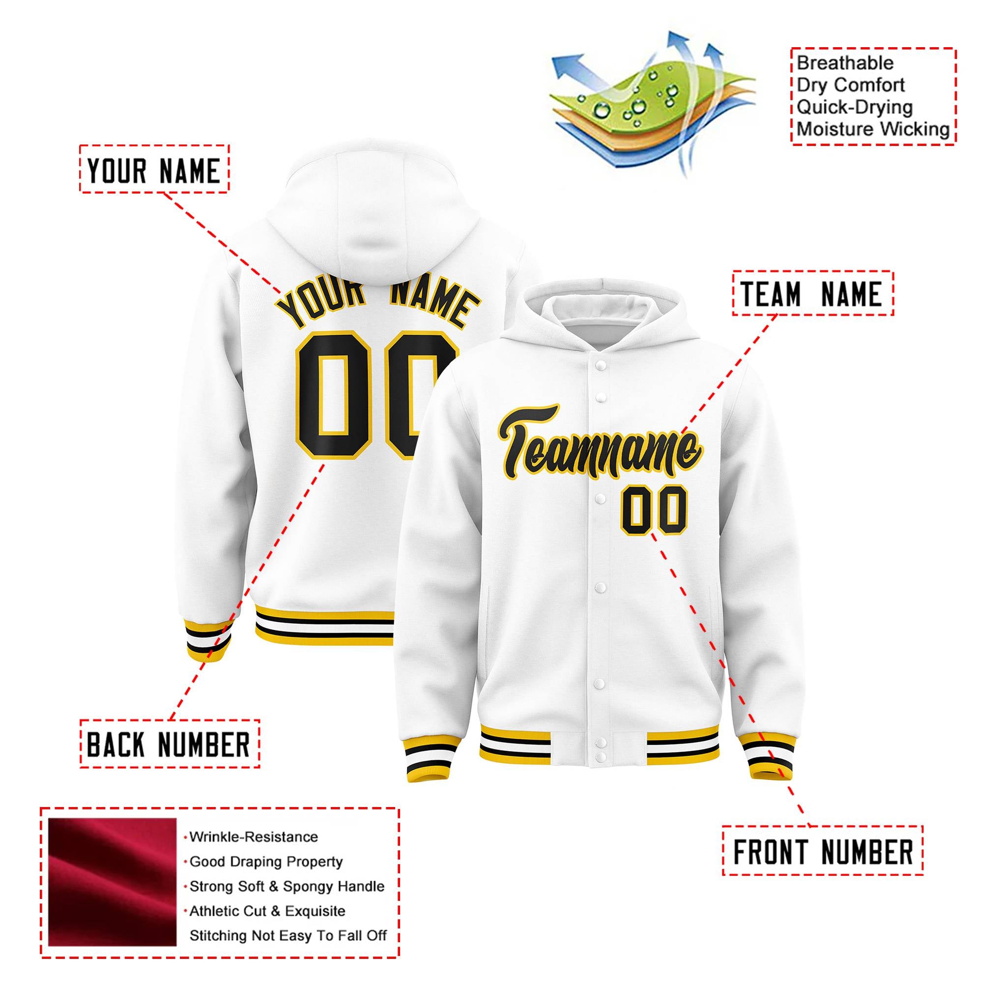 Custom White Black-Gold Varsity Full-Snap Letterman Classic Hoodie Jacket