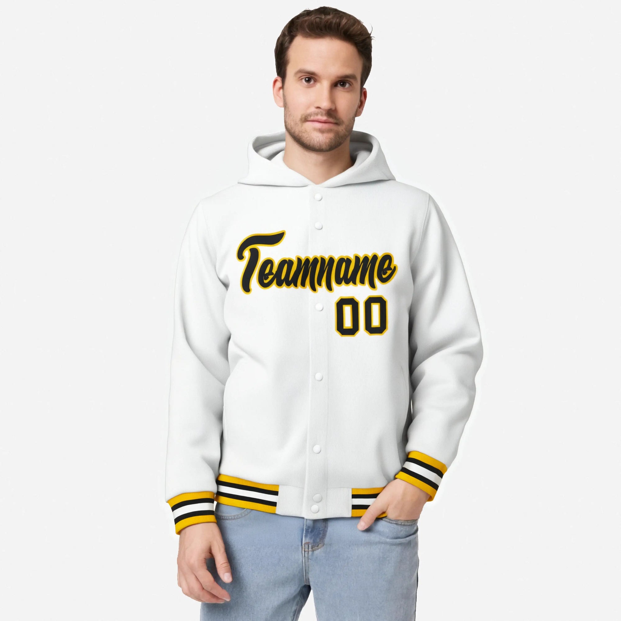 Custom White Black-Gold Varsity Full-Snap Letterman Classic Hoodie Jacket