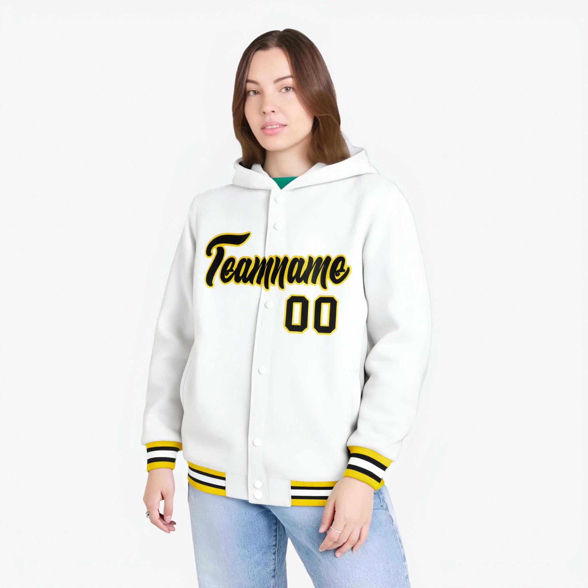 Custom White Black-Gold Varsity Full-Snap Letterman Classic Hoodie Jacket