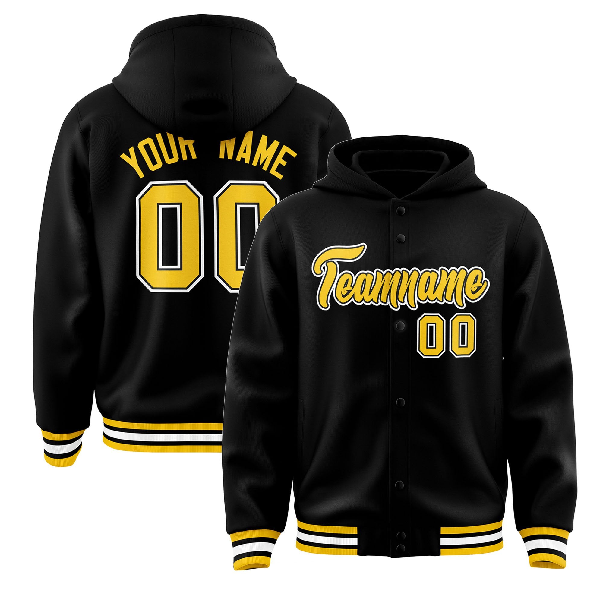 Custom Black Gold-Black Varsity Full-Snap Letterman Classic Hoodie Jacket