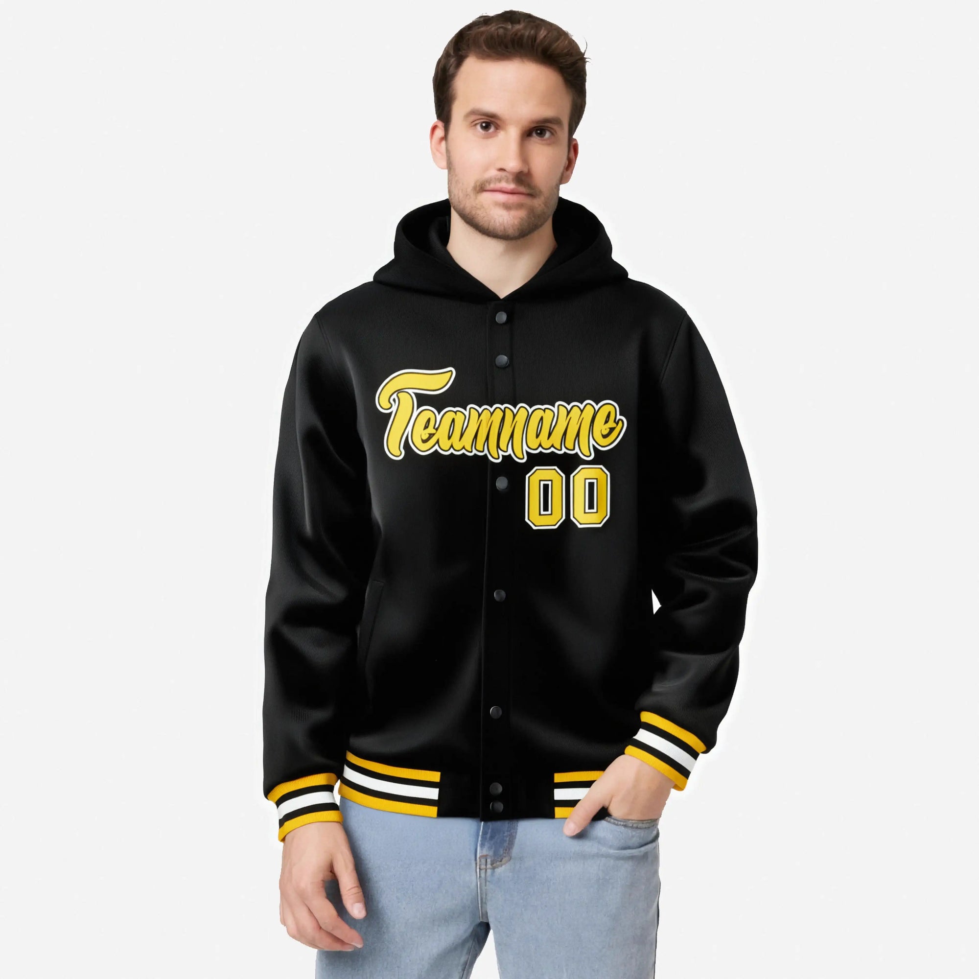 Custom Black Gold-Black Varsity Full-Snap Letterman Classic Hoodie Jacket